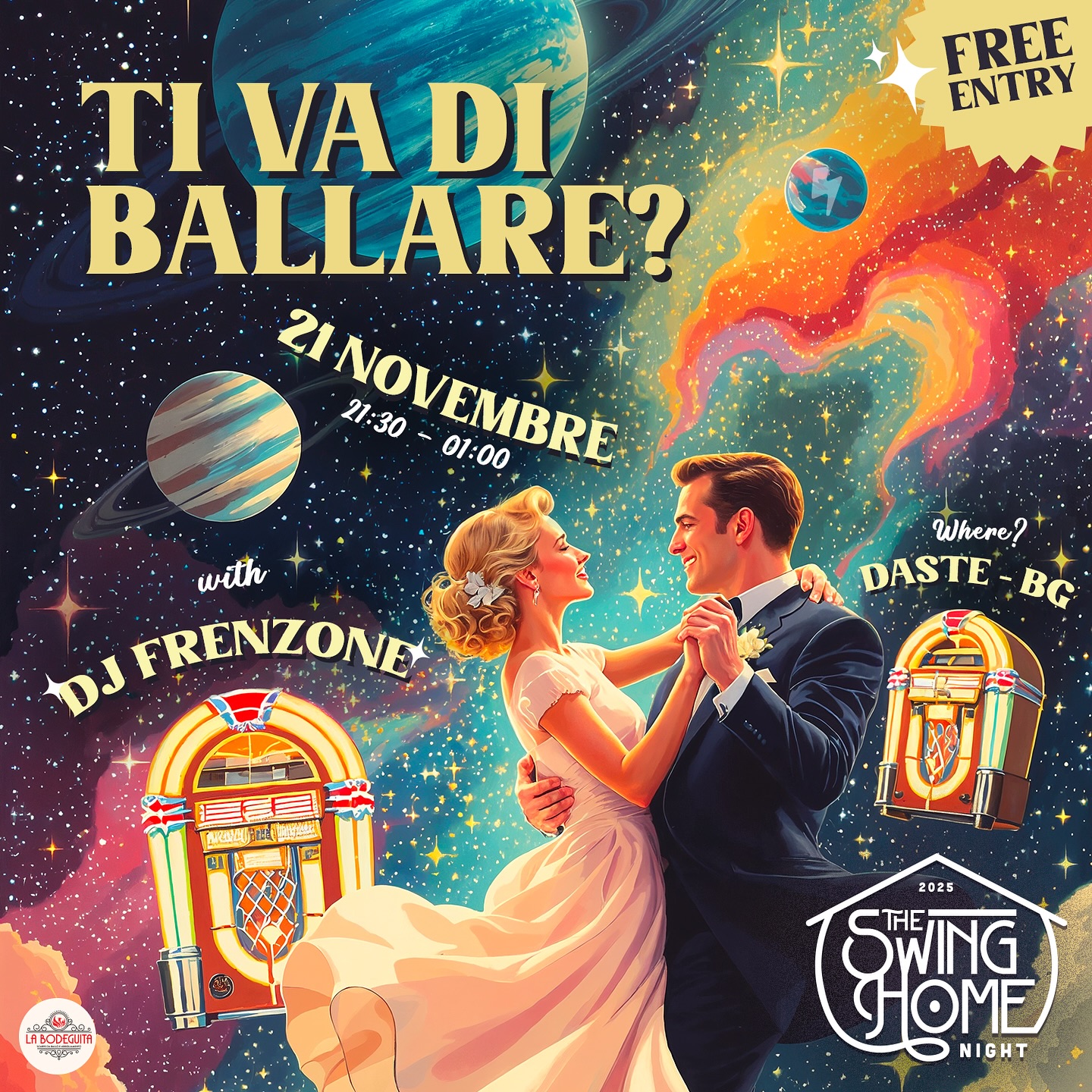 💡💡💡SWING HOME NIGHT💡💡💡
Venerdì 21 novembre 2025
@daste_bergamo
Dalle 21.30 all’01.00
Il Daste riaccende le luci della pista da ballo con un nuovo appuntamento da non perdere.
Si torna a danzare con The Swing Home Night, un evento gratuito che farà vibrare il cuore della comunità swing bergamasca (e non solo!).
A guidare la serata ci sarà DJ Frenzone (@frenz_delfine)
pronto a farvi scatenare tra swing, boogie e rock’n’roll.
Un viaggio nel tempo che profuma di jukebox, sorrisi e voglia di ballare, in un’atmosfera che riporta il divertimento al centro della scena.
Che tu sia un ballerino esperto o un curioso alla prima esperienza, non importa: qui conta solo la voglia di lasciarsi trasportare dalla musica, conoscere nuove persone e scoprire l’energia contagiosa del mondo swing.
Dove? Al Daste - Bergamo, il luogo perfetto ricco di magia
Ingresso gratuito
E il momento di tirare fuori le scarpe da ballo (o semplicemente la voglia di muoversi): si torna in pista, SWING HOME NIGHT è pronto ad accoglierti!
Graphic design @todophotographics