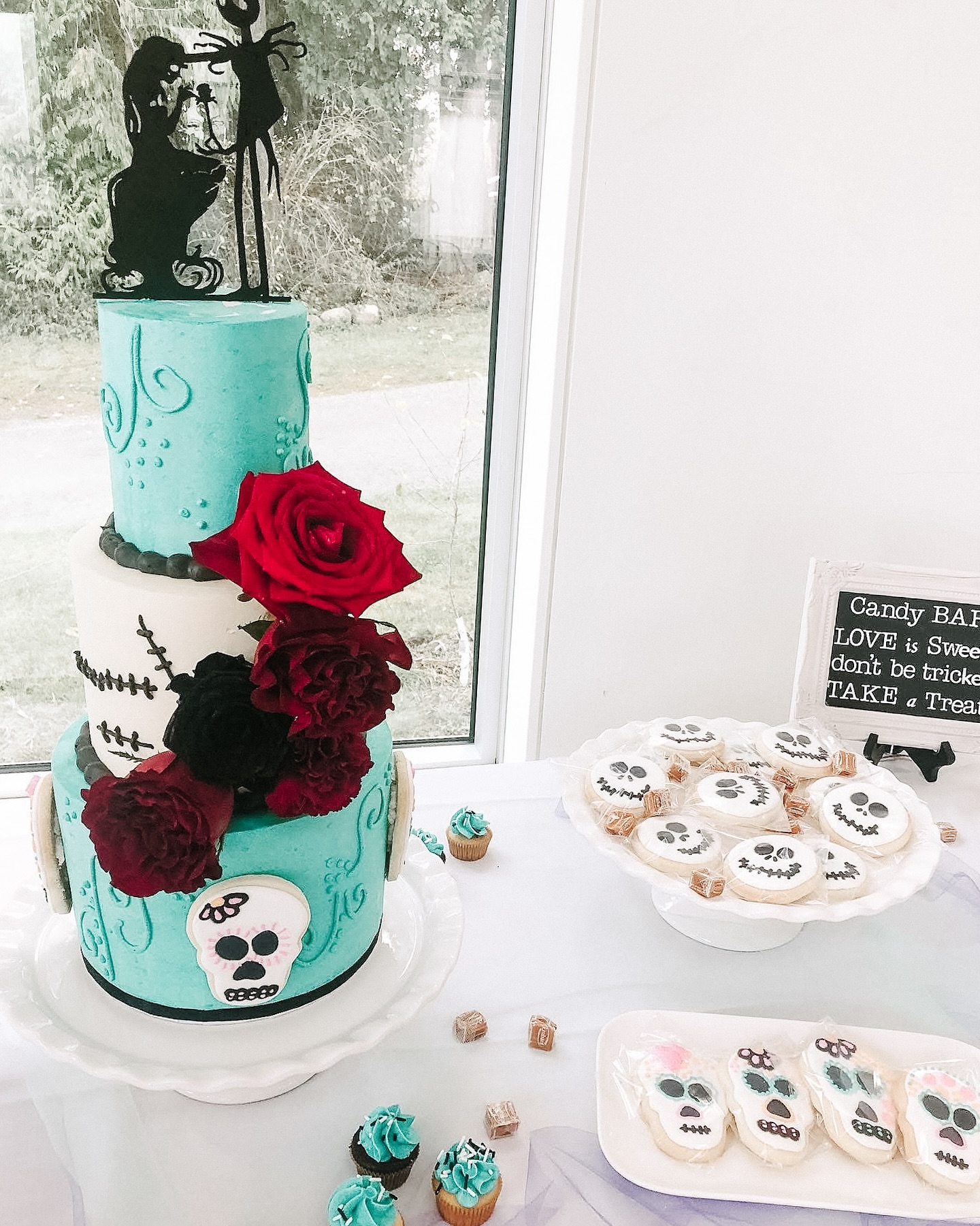 Just in time for Halloween 🎃💀 Jack & Sally made their way onto this gothic buttercream dream. Deep reds, stitched details, and a whole lot of moody romance.
An oldie, but a goodie. Can I have more Halloween themed weddings?! They are the absolute best!
Who’s ready for a soggy trick or treat tomorrow?! It’s my sweet baby girls first time out and it’ll be a rainy one ☔️ 👻
#happyhalloween #hallowseve #allhallowseve #halloweenwedding #spookywedding #moodywedding #halloweencake #weddingcaketrends2026 #nightmarebeforechristmascake #victoriabc #ciderwedding #winerywedding #weddingplanning #blueweddingcake #skulls #butterbloomvic