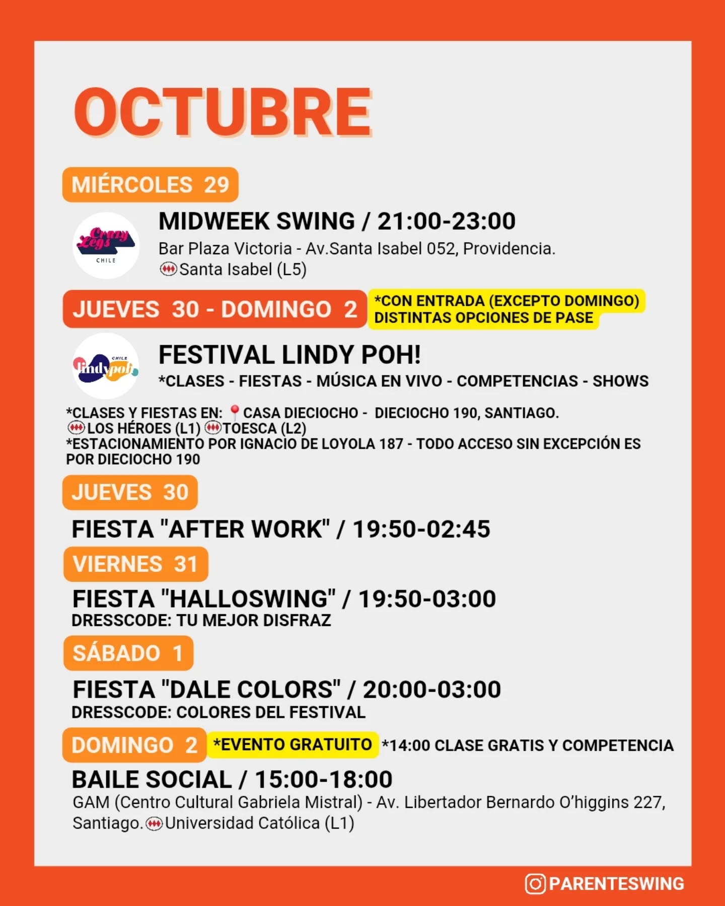 🎟 Compra tu pase en lindypoh.cl 👈
✨Todos los eventos son gratuitos y abiertos a todo público, a menos que se indique valor de entrada 💸
‼️Cualquier modificación o nuevo evento en los comentarios👇🏻 y/o por historias 👆🏻
🤔 Qué es una Jam, Clandestino o Baile Social?
Una instancia donde fanáticos de los bailes swing (Lindy hop, Balboa, Shag, Solo jazz) se reunen a compartir, hacer comunidad y a la vez, practicar.
❌ Las actividades publicadas NO son instancias de clases para aprender a bailar, a menos que se indique “Taller” o “Clase Abierta”.
👀 Quieres aprender a bailar?
En nuestra historia destacada “CLASES” está toda la información y formularios de inscripción a los cursos del mes de las escuelas de bailes swing ✨
Nos vemos en la pista! 💃🏻🕺🏻🔥
#danzachile #lindyhopchile #swingchile #bailechile #eventoschile #danzasantiago #santiagodechile #panoramasgratis #swingdancechile #swingdancingchile #lindyhopperschile #panoramasgratis #panoramagratis #santiago