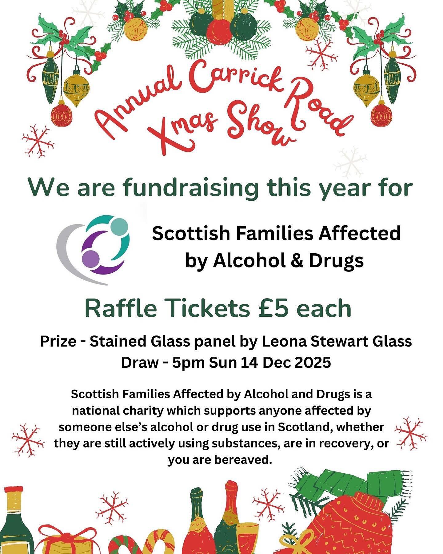 This weekend is the final weekend of our Annual Carrick Road Xmas Show! Sat 13, 10-5 & Sun 14, 12-5. Over the last 2 weekends we have raised £690 for Scottish Families Affected by Alcohol and Drugs with our raffle (the prize is this round stained glass panel). I’m really hopeful that we can reach a nice round number by Sunday this weekend when we draw the winning ticket!🤞🤞 Ian and I look forward to welcoming you 🎄 @mcnicol.i @scottishfamilies @whatsonayrshire #annualcarrickroadxmasshow #ayrshire #christmasexhibition #scottishart #ownart #raffle #fundraising #scottishfamiliesaffectedbyalcoholanddrugs #leonastewartglass