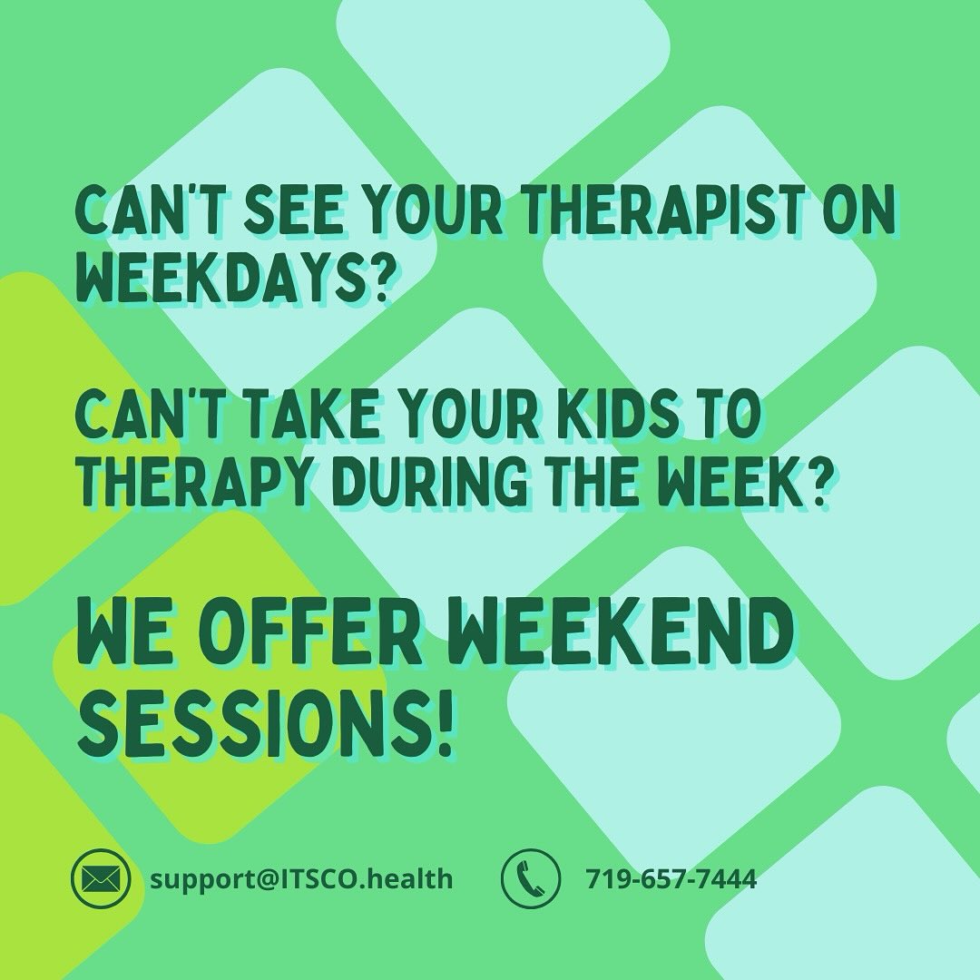 ✨ Busy weekdays? We’ve got you covered!
Can’t see your therapist on weekdays?
Can’t take your kids to therapy during the week?
🧠 ITSCO offers weekend sessions!
We make therapy fit your family’s schedule — because support shouldn’t have to wait.
📧 support@itsco.health
📞 719-657-7444
#WeekendTherapy #ITSCO #MentalHealthMatters #Therapy #FlexibleScheduling #ColoradoSpringsTherapy