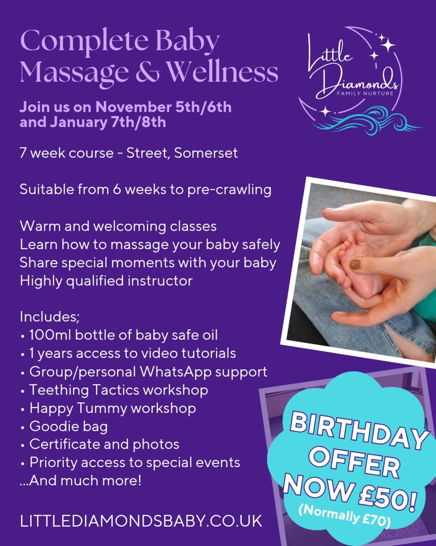 ๐ It's My Birthday!! So I Have A Gift For You ๐
๐ฃ Until NOV 3RD you can book my Complete Baby Massage & Wellness course for JUST ยฃ50!! ๐ฃ
The content of this course is over ยฃ130 when bought individually, so this is a massive reduction.
If you have a newborn baby or are expecting soon, then you can join us for the November course starting NEXT WEEK or in JAN 2026, in Street.
The course is a wonderful way to bond with your baby, learn all sorts of wonderful things about their development and how to support them, and to have some time for you and finding your tribe.
โจ๏ธ There are limited spaces (especially for next week) so don't delay โจ๏ธ
To book visit littlediamondsbaby.co.uk/book-a-class and find the course that works for you, then select the BIRTHDAY PROMO ticket option. It's that easy!
Any questions, get in touch.
Look forward to seeing you soon x
