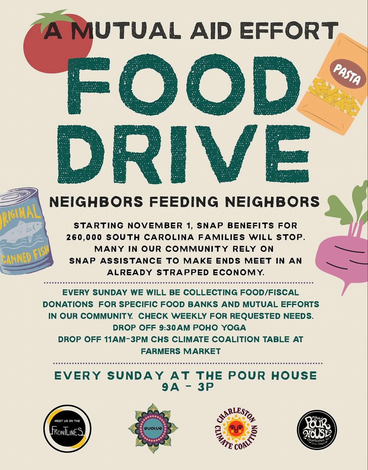 Let’s join together to help those in need in our community. We are stronger together!
Bring canned items, pasta and sauce, diapers, toiletries, and more to the Pour House on sundays from 11-3.