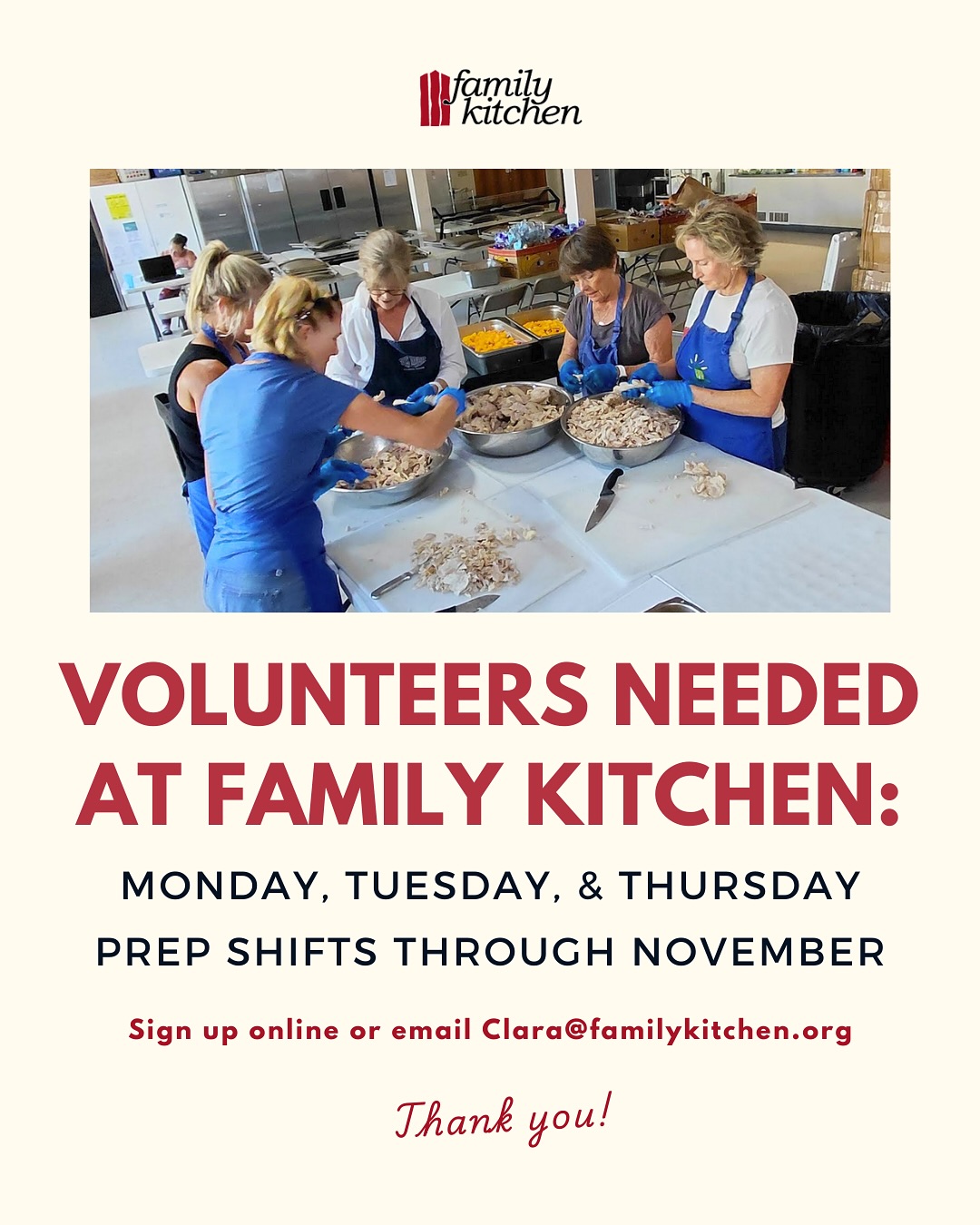 Things are busy at Family Kitchen! Thank you for the tremendous support you’ve shown so far as we continue to navigate this difficult month. If you’re able, we need some extra help on Mondays, Tuesdays, and Thursdays to make sure we can get all of our meals prepped and out the door!
Please sign up online to volunteer, or make a donation if you’re unable to join. Your support is making a HUGE difference! ❤️