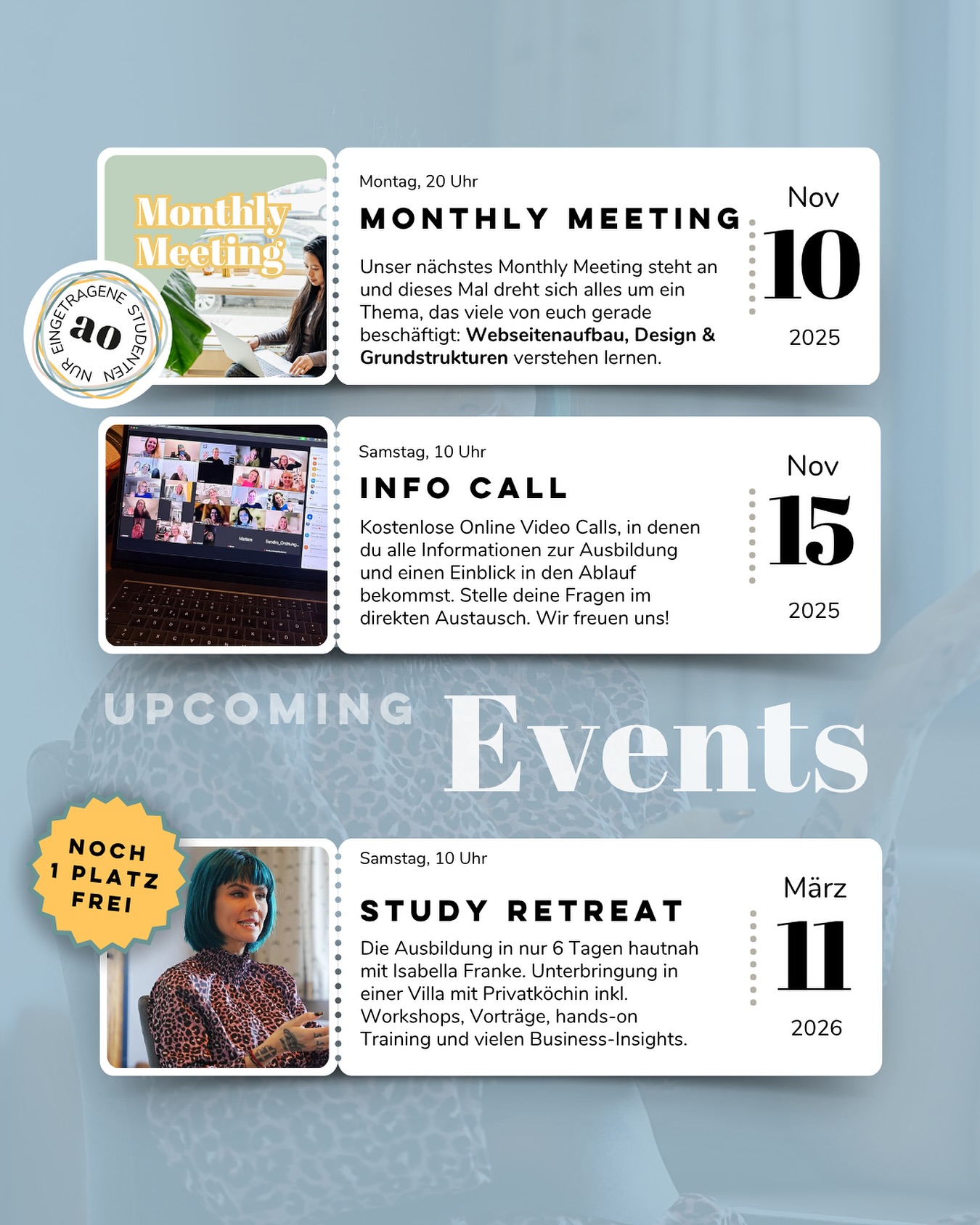 Das Jahr neigt sich langsam dem Ende zu und bevor wir in die ruhige Jahreszeit starten, warten noch ein paar spannende Termine voller Wissen, Austausch und Inspiration auf euch. 💛
💻 Monthly Meeting – 10. November 2025, 20 Uhr
Dieses Mal dreht sich alles um das Thema Webseitenaufbau, Design & Grundstrukturen verstehen lernen.
Minh, unsere Social Media Managerin, führt durch den Abend und teilt ihr Wissen rund um den Aufbau einer klaren und funktionierenden Webseite – für mehr Struktur & Ästhetik.
🎥 Info Call – 15. November 2025, 10 Uhr
Du möchtest zertifizierte:r Ordnungscoach werden?
Dann nutze den kostenlosen Info Call, um alle wichtigen Einblicke in unsere Ausbildung zu bekommen, Fragen zu stellen und uns persönlich kennenzulernen.
SAVE THE DATE:
📚 Study Retreat – 11. bis 16. März 2026
⚠️ Nur 1 Platz frei!
Erlebe die Ausbildung intensiv und hautnah mit Isabella Franke in einer inspirierenden Villa – inklusive Workshops, Praxisübungen, Business-Insights & jeder Menge Klarheit für dein eigenes Ordnungsbusiness.
💫 Diese Events sind deine Gelegenheit, mit mehr Struktur, Verständnis und Klarheit in dein neues Jahr zu starten.
📲 Melde dich jetzt an und starte deine Reise zum zertifizierten Ordnungscoach mit uns:
👉 www.akademiederordnung.de/ausbildung
#akademiederordnung #ordnungscoach #studyretreat #monthlymeeting #infocall #ordnungimalltag #mehrordnungimleben #selbstverwirklichung #businessaufbau #homeorganizer #strukturimbusiness #ordnungsliebe #declutteringtips #womenempowerment