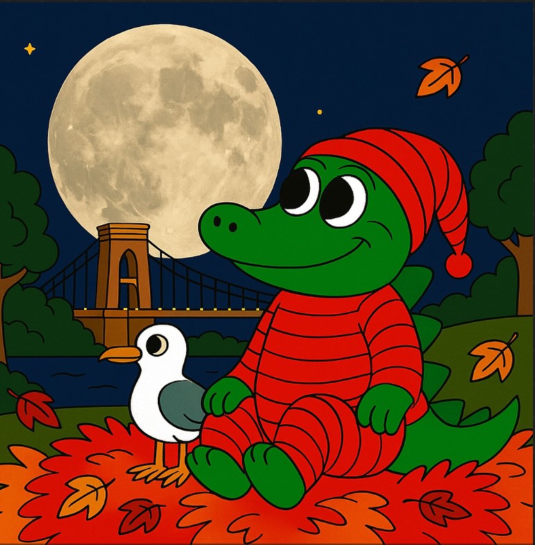 The Bristol Crocodile is having difficulty sleeping beneath the bright Beaver Moon tonight 🌕💤
#BristolCrocodile #BeaverMoon #FullMoonMagic #CliftonSuspensionBridge #BristolNights #AutumnInBristol #BedtimeStories #ChildrensIllustration #StorybookArt #SeagullFriend #BristolArt #CrocodileAndSeagull