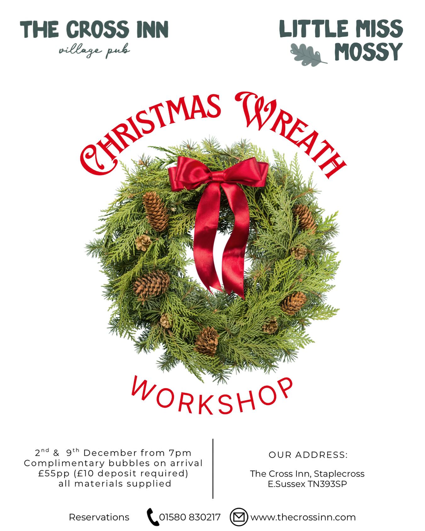 Christmas Wreath making with Little Miss Mossy 😍
Cosy country pub with Christmas songs and bubbles, perfect 👌🏻🥂