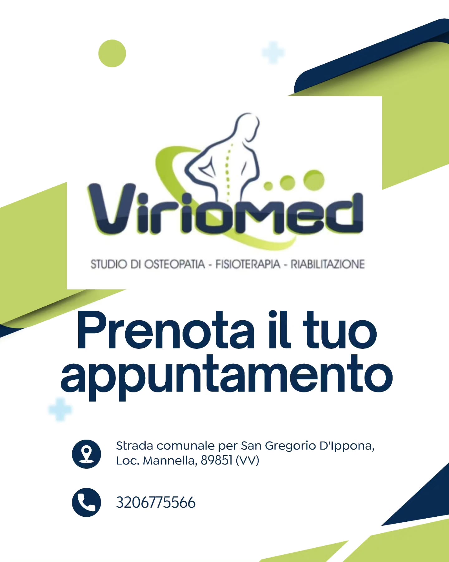 Non aspettare il dolore per iniziare: muoviti oggi, per stare meglio domani.
Viriomed
📍 Strada comunale per San Gregorio, Loc. Mannella (VV)
📞 3206775566
📧 viriomed@libero.it
🌐 www.viriomed.it
#viriomed #fisioterapia #osteopatia #riabilitazione #posturologia #terapia #tecar #fisiotone #powershape #cryotshock #ondadurto #osteopata #ginnasticaposturale #linfodrenaggio #posturale #dimagrimento #dimagrimentolocalocalizzato #rimodellamentocorpo #tonificazione #vibovalentia #calabria #sangregoriodippona #vibomarina