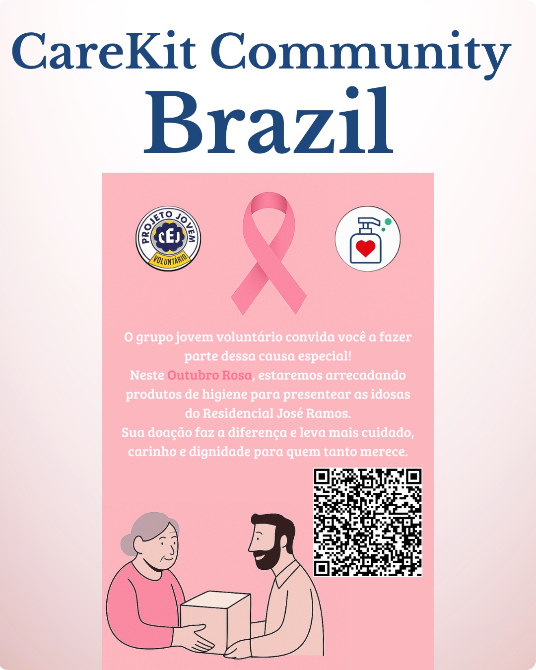 💗 CareKit Community Brazil Spotlight! 💗
Led by Maria Clara de Oliveira, our chapter in Brazil launched a beautiful Pink October campaign to support the elderly women at Residencial José Ramos. The team collected hygiene products to spread care, kindness, and dignity — and the event was a huge success! 🌸We’re so proud of the incredible compassion and initiative from our volunteers in Brazil. This is what global community care looks like. 🌍✨
#carekitcommunity #pinkoctober #breastcancerawareness🎀 #youthinaction #GlobalVolunteers #CommunityCare #kindnessinaction