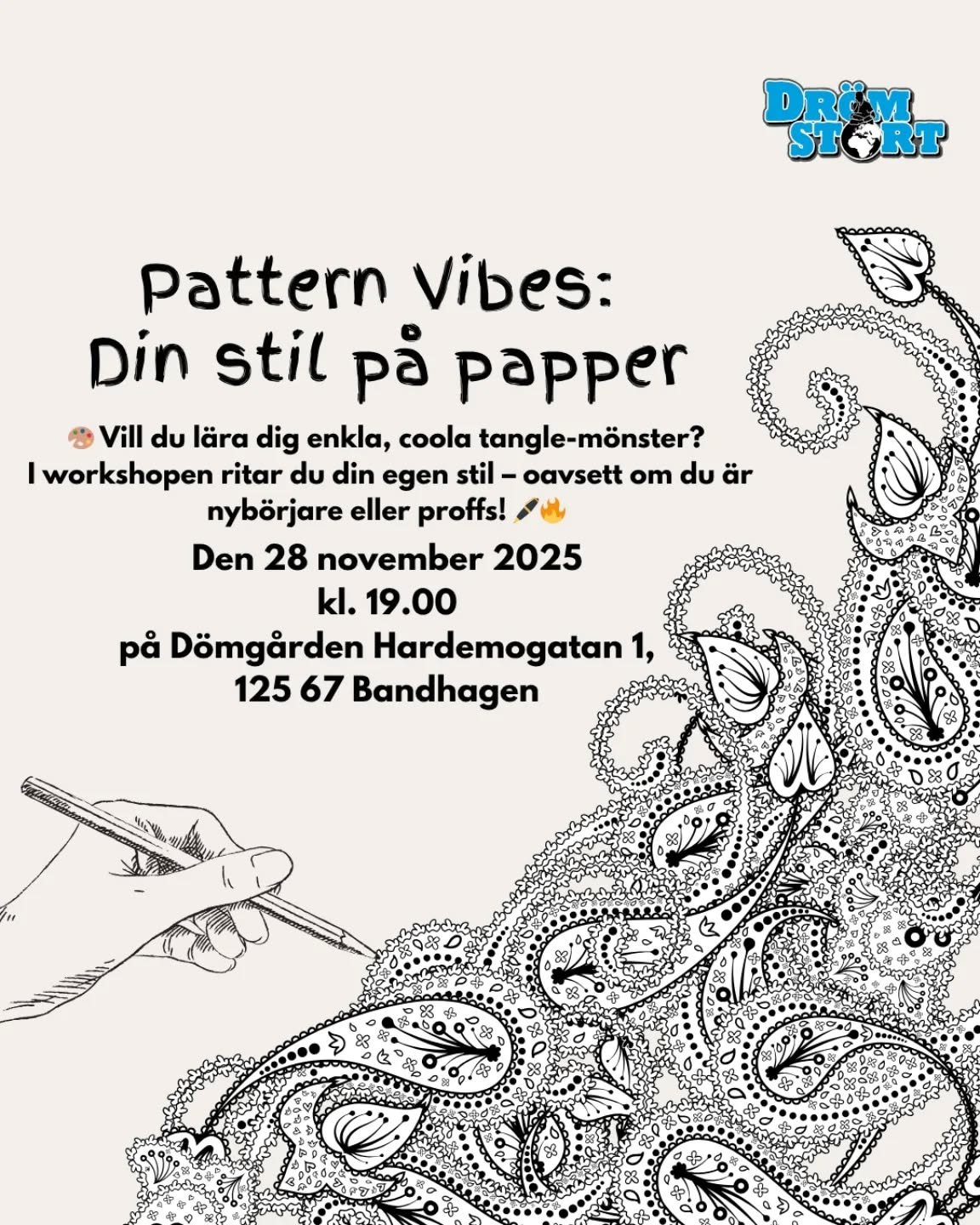 Hej! 🎨 Vill du vara kreativ, koppla av och njuta av en trevlig atmosfär? Kom då till vår Tangle-workshop! Här kan du koppla av, prova nya saker och samtidigt skapa små konstverk – även om du tror att du inte kan rita. 😉 Allt du behöver veta står på flyern – ta med dina vänner! Let’s tangle together! ✨🖊️