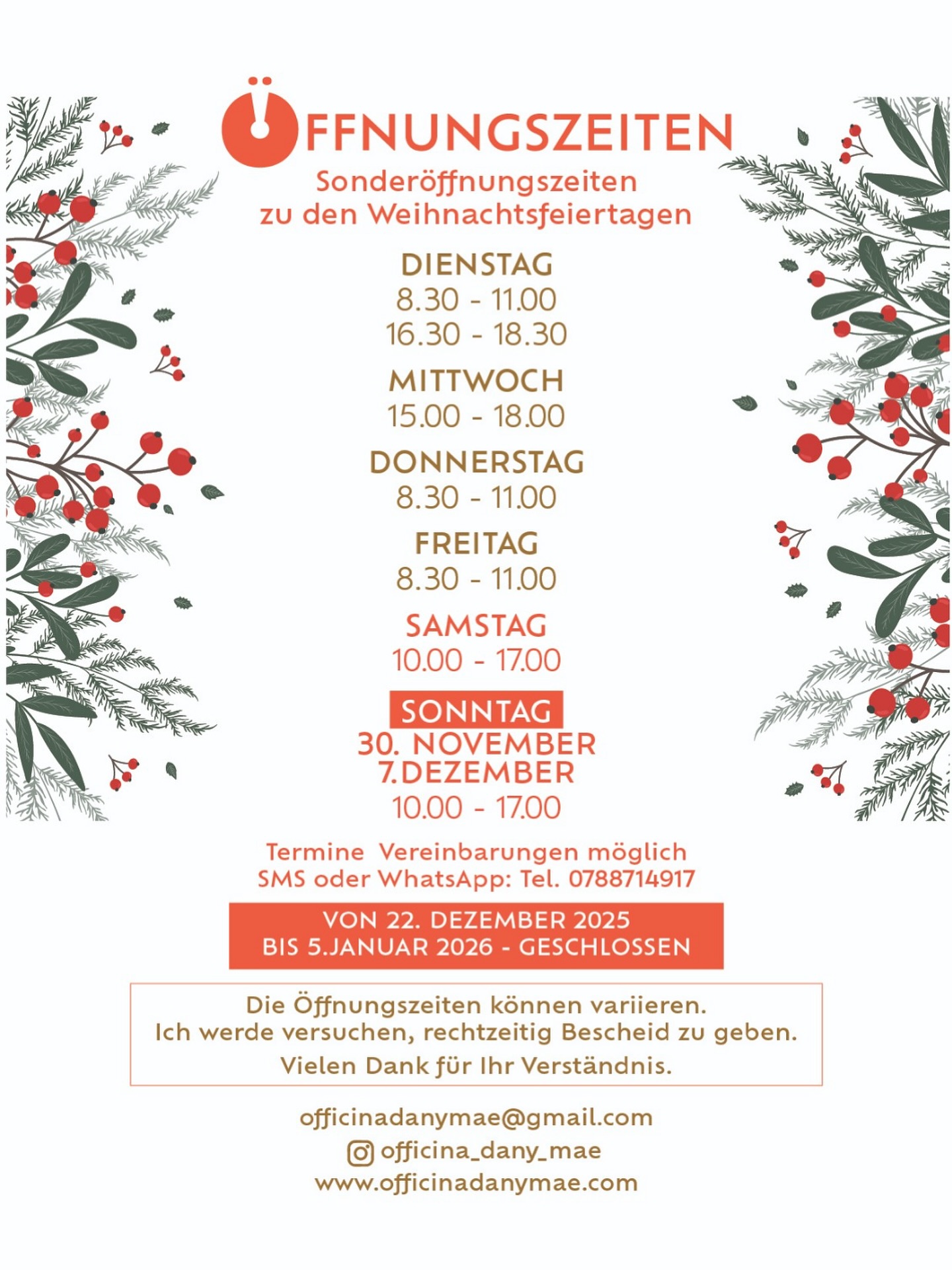 ✨Hier sind unsere neuen Öffnungszeiten zur Vorbereitung auf Weihnachten✨
✨Sonntag 30. November und Sonntag 7. Dezember geöffnet ✨
#weihnachtszeit #christmastime #einzigartigeprodukte
#OfficinaDanyMae #Buochs #Nidwalden #Neueröffnung #Grafikdesign #selbstgemacht #kunst #Herzensprojekt #SchweizerDesign #Designliebe #KreativLaden #corporateidentity #SelbstgemachtMitLiebe