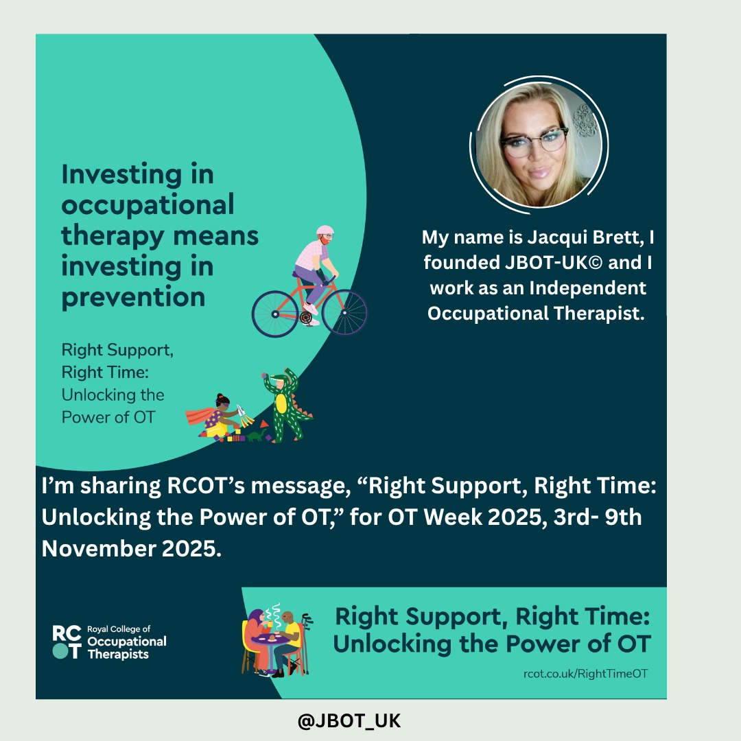 I'm promoting the RCOT's Right Support, Right Time campaign for OT week 2025.
Occupational therapy saves money across health and care by reducing hospital admissions and long-term care needs. It’s practical, person-centred and cost-effective. Find out more: rcot.co.uk/RightTimeOT
#RightTimeOT
#OTWeek2025 #PrivatePractice #OccupationalTherapy #RCOT
#SavingMoney #SavingLives