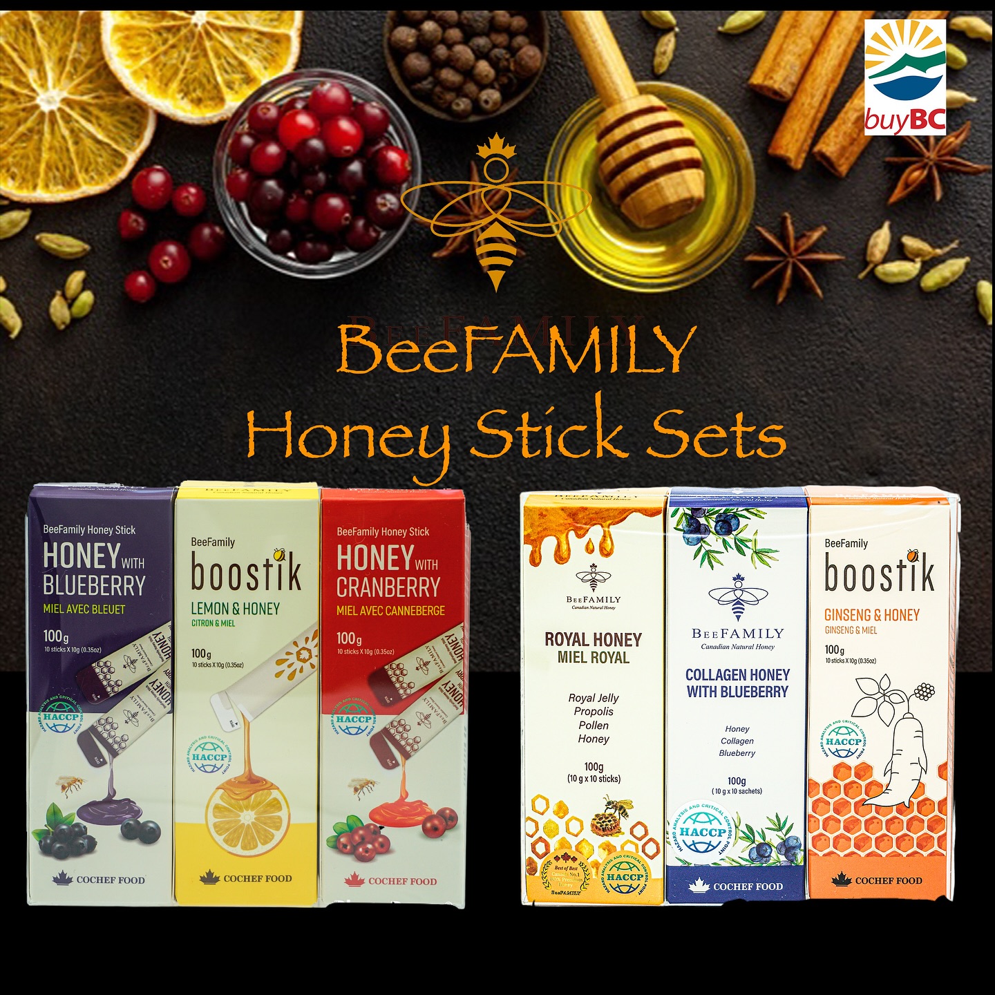 🍯 Friendly & Inviting
“Sweeten your day the natural way 🍯💛
BeeFAMILY Honey Stick Sets — made with all Canadian natural ingredients for pure, delicious energy on the go! 🐝✨
Find them at cocheffood.com 🛒
#BeeFamily #HoneyLovers #NaturalSweetness #BuyBC #HealthySnacking”
