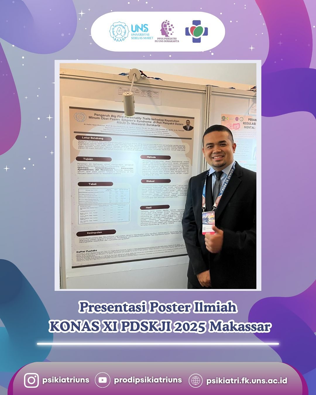 Selamat Kepada:
🌟 dr. Ershad Aditya Manggala
🌟 dr. Halim Tezar Kusuma
🌟 dr. Rahilla Ermariza
Telah berpartisipasi dalam presentasi poster ilmiah pada KONAS XI PDSKJI 2025 di Makassar! 👏
Keterlibatan dalam forum ilmiah nasional ini menjadi wujud kontribusi nyata dalam pengembangan ilmu psikiatri di Indonesia.
Terus berkarya dan berbagi inspirasi melalui penelitian dan inovasi! 🌿
#KONASXI #PDSKJI2025 #Psikiatri #FKUNS #PosterIlmiah #BanggaBersama #Makassar2025