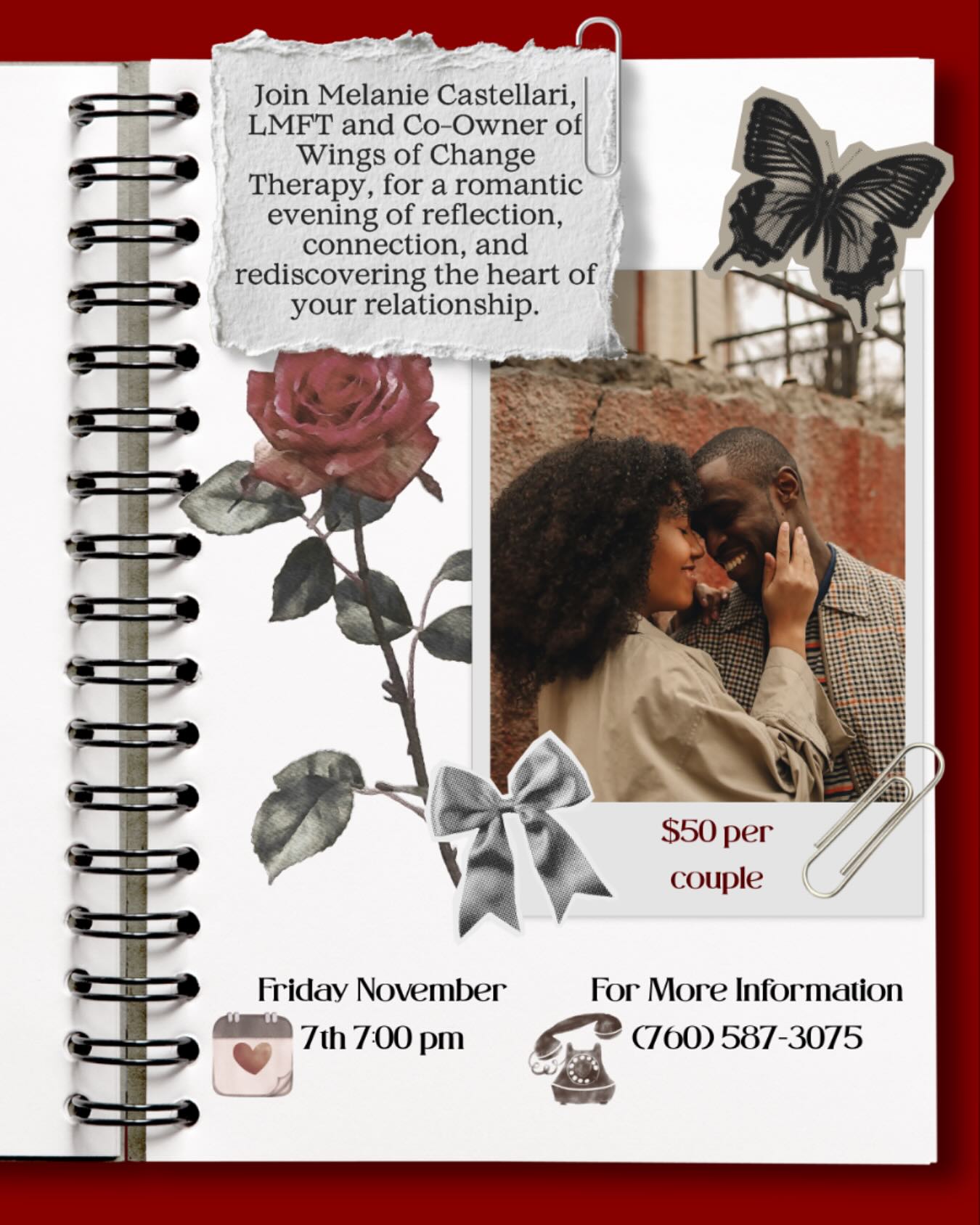 🌹 Love changes shape, but connection is forever. 🌹
Every relationship has its seasons — moments of growth, challenge, and rediscovery. Whether you’re deepening your bond or navigating change, this is your invitation to pause, reconnect, and rediscover the “we” that brought you together. 💫
Join Melanie Castellari, LMFT, for a warm, insightful evening:
✨ “Transitioning Through Relationships: Navigating Change Together” ✨
🗓️ November 3rd @ 7:00 PM (PST)
💻 Live via Zoom
Let’s explore how love can evolve without losing its spark. Because every transition is a chance to fall in love again — with your partner, and with yourself. ❤️
#RelationshipGrowth #CouplesTherapy #LoveInTransition #EmotionalIntimacy #wingsofchangetherapy