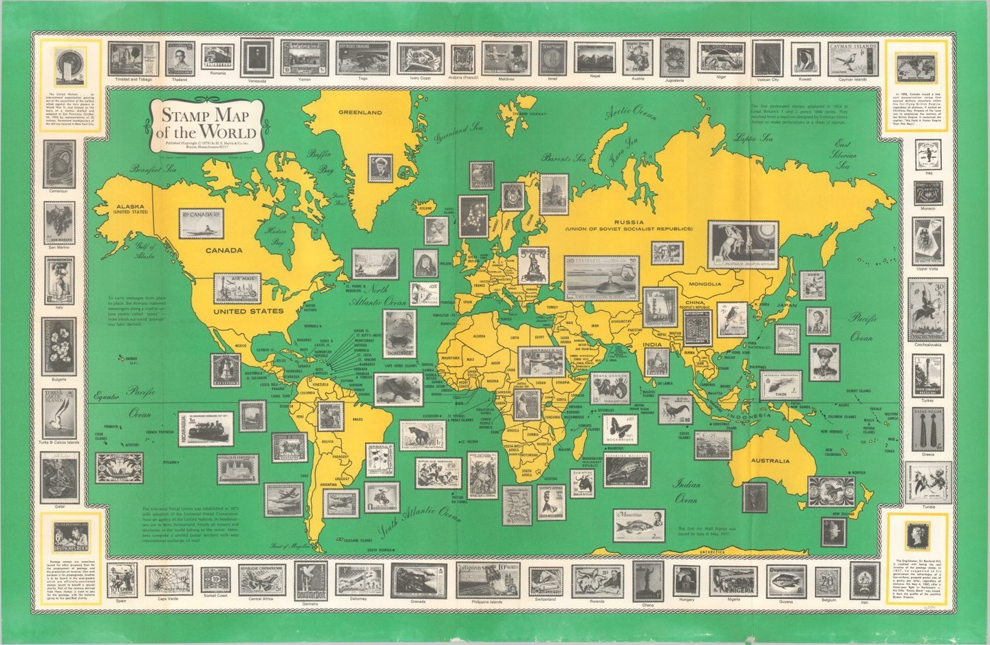 #MapMonday On this day in 1917, postage costs for 1st class US mail increased by 1 cent to 3 cents per ounce. Did you know that 'philately' is the term for the collection and study of postage stamps? This map, published in 1979, shows dozens of international stamps and their nations of origin. Source: https://curtiswrightmaps.com/product/stamp-map-of-the-world/