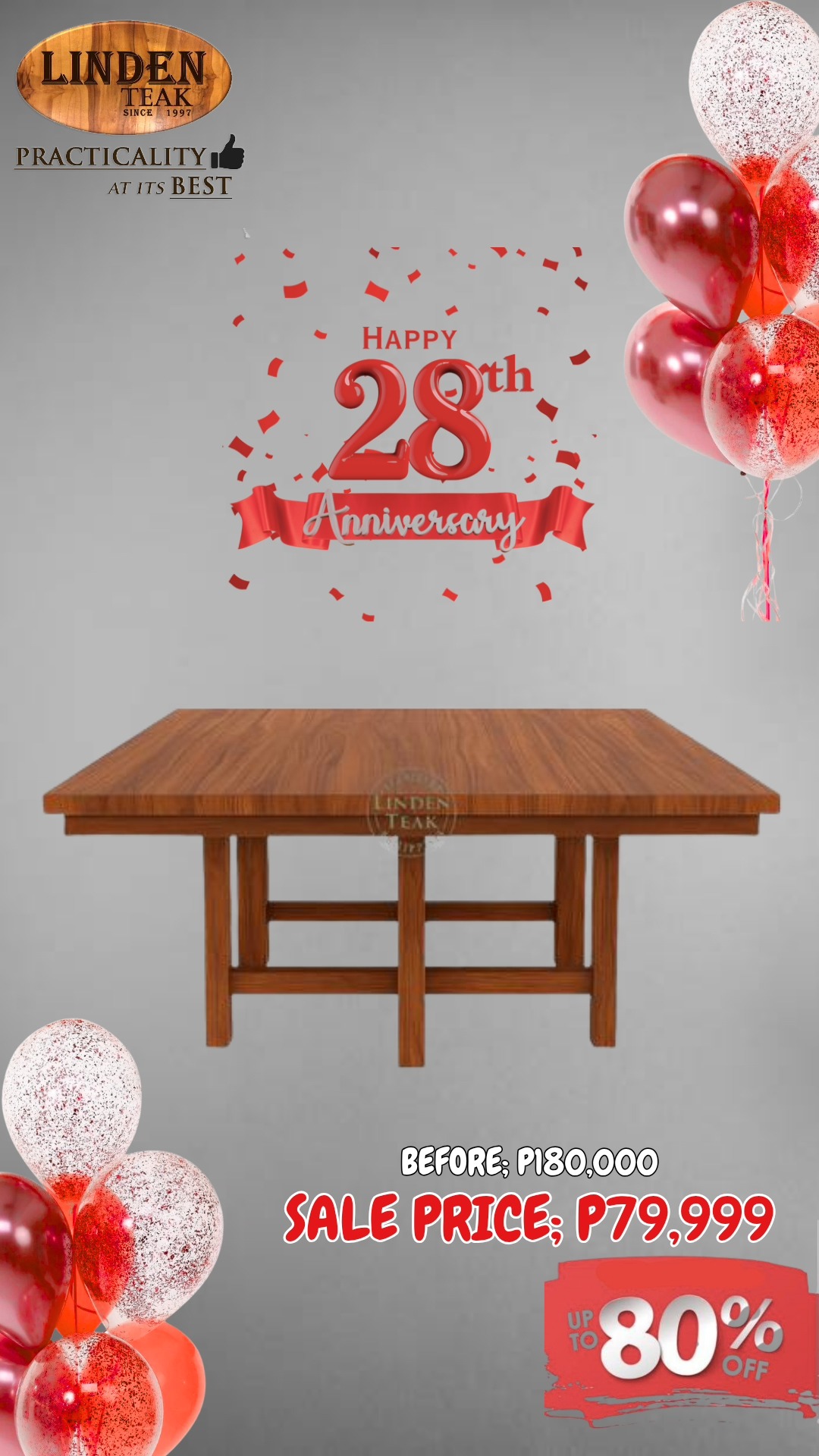 🎉 Celebrating Our 28th Anniversary!
This month only, enjoy up to 80%OFF on select items—our biggest savings of the year! Plus, get 0% interest for up to 12 months on selected purchases.
🪑 We also offer free design consultations and 3D drawings for customized furniture, along with free delivery in select areas.
📍 Visit our stores to explore over 500 actual ITEMS on display, or browse online at www.lindenteakfurniture.com.