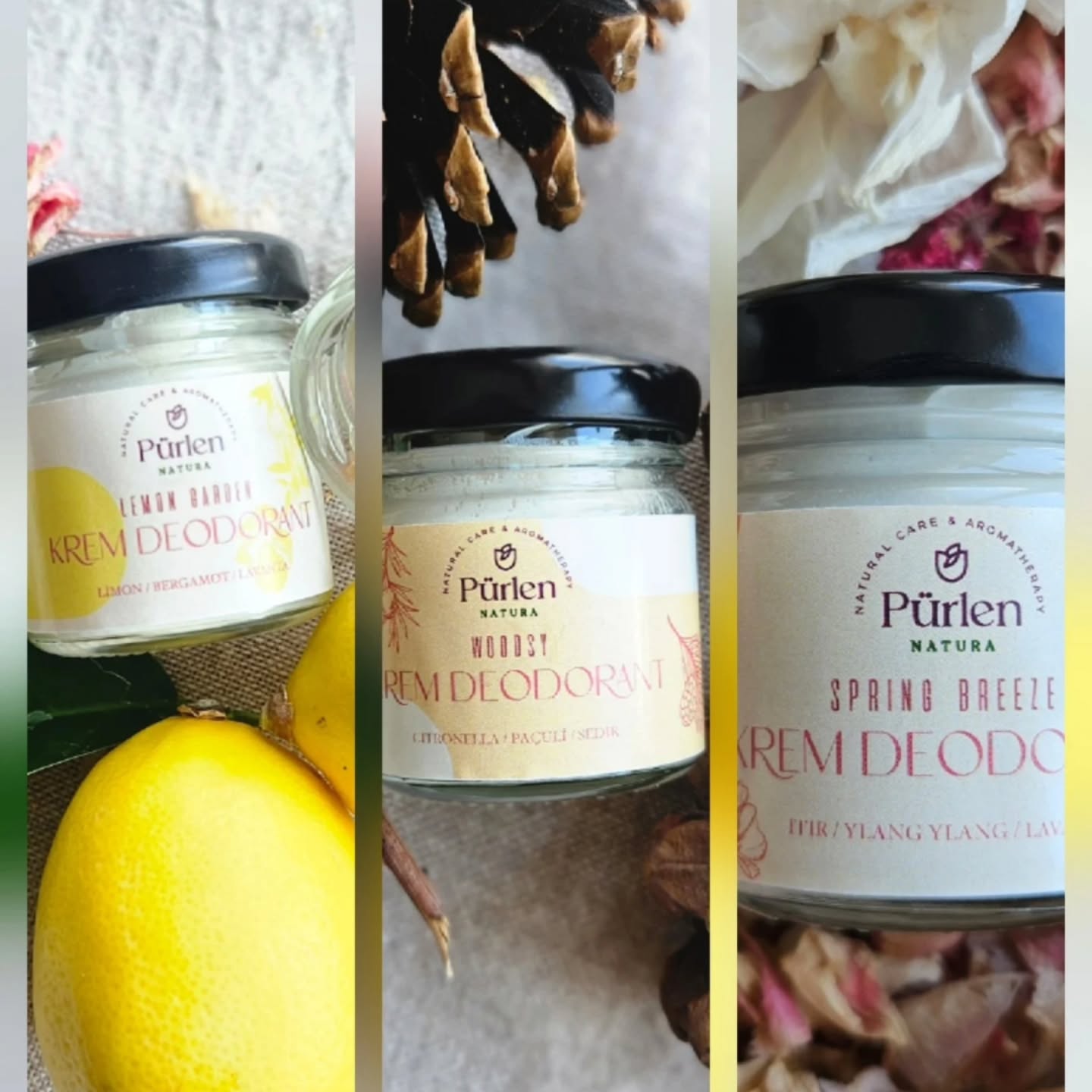 Pürlen Natura KREM DEODORANTLARI
❌️Zararlı ve kanserojen kimyasallar içermez
✅️ 3 farklı aromaterapik koku seçeneği
( Limon Bahçesi, Orman Havası, Bahar Esintisi)
✅️ %100 Doğal içeriklere sahiptir.
✅️ Terlemeyi değil, ter kokusunu engeller.
✅️ Bir sıvı deodoranta kıyasla, ×5 konsantredir.
✅️ Kıyafetlerde leke yapmaz.
✅️ Gün boyu ter kokusunu hapseder.
( İki gün idare ettiğini söyleyenler olsa da🤭, biz iddialı olmaktan uzağız.
Saymakla bitiremediğimiz olumlu özelliklere sahip olsalar da, Pürlen sadece temiz içerikli, adil, vicdanlı, mütevazi bir markadır.
Böyle bilin yeter💞💜
#purlennatura
#pürlennatura #kremdeodorant #temizicerik #temiziçeriklikozmetik #temiziçeriklideodorant #dogalkozmetik #doğalkozmetik #doğaldeodorant #dogaldeodorant