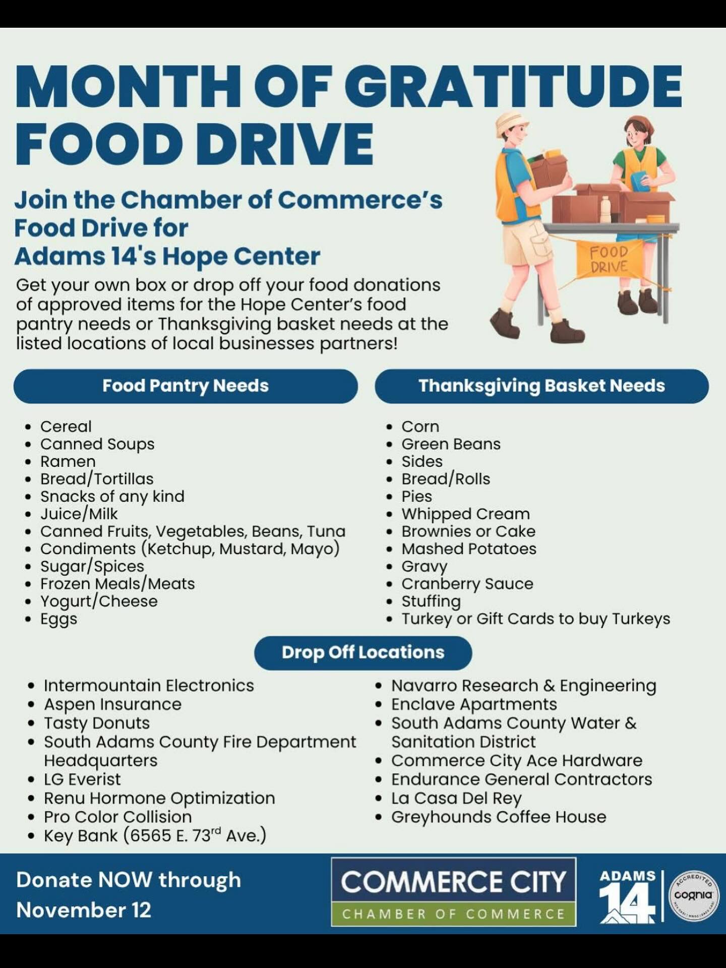 We partner with Melissa, a teacher at Adams 14, in growing gardens for a few of the schools in Adams County.
In the past week the food pantry that Melissa’s students run has seen a record number of families in need of their services.
Please consider donating to this worthy cause. You can drop off food at one of the locations listed here or mail checks to:
Adams 14 Hope Center
6500 E 72nd Ave,
Commerce City, CO 80022
