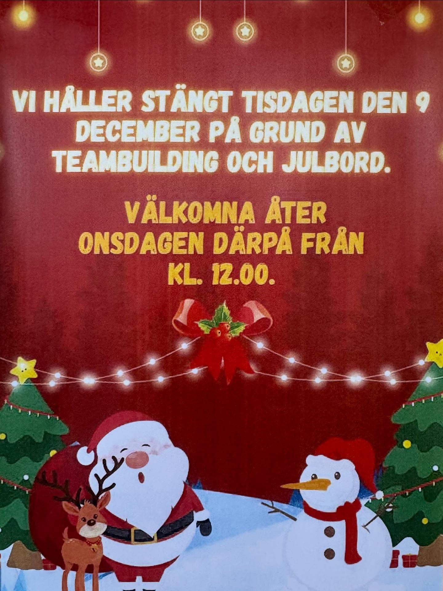 Imorgon tisdag (9/12) håller vi stängt både telefonväxel och showroom för lite julbord och teambuilding. 🎅🏻🎄
Öppet som vanligt på onsdag igen 😊