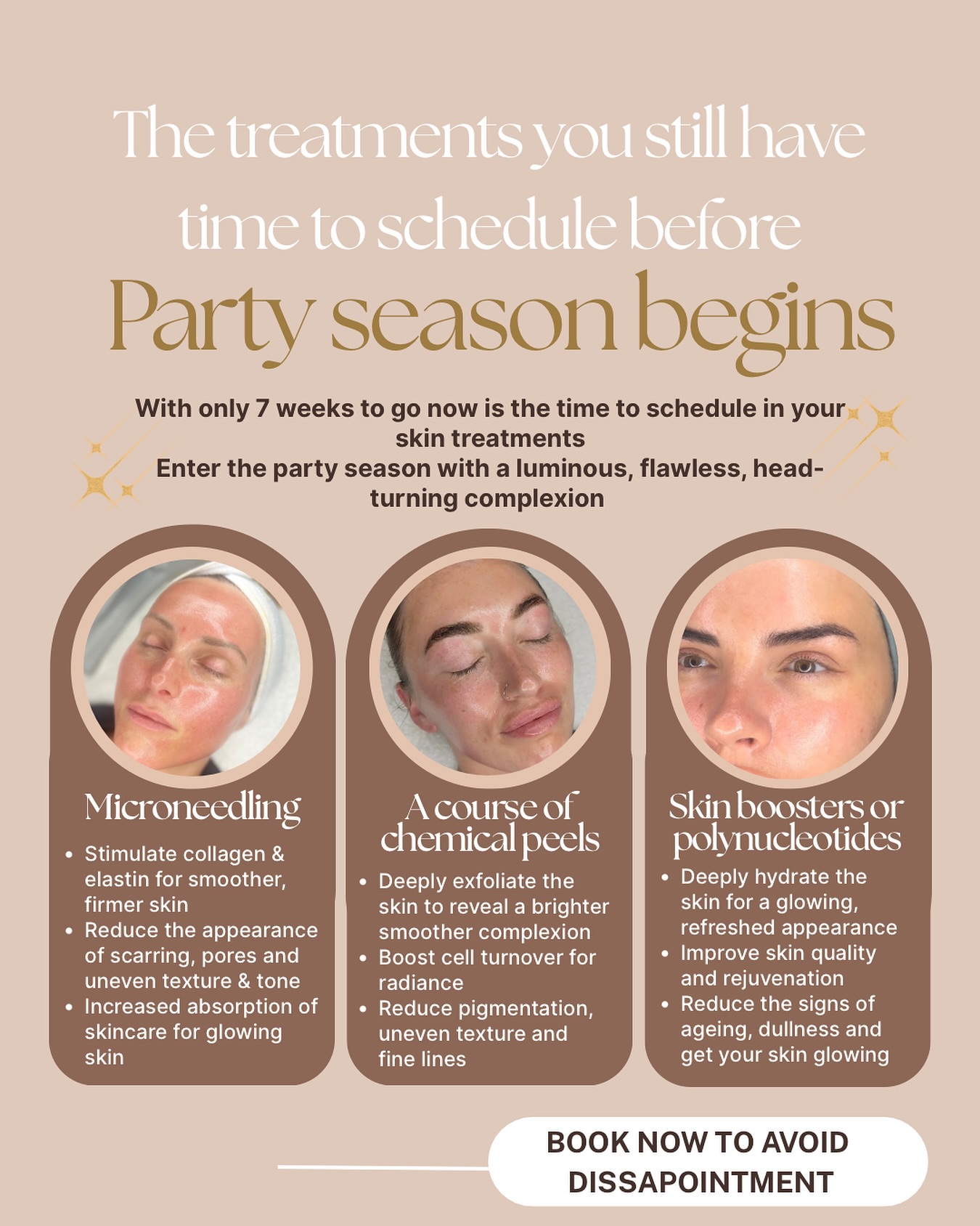 It’s officially “prep for party season” time ✨
If you want glowing, camera-ready skin for the festive rush, now’s the time to start your prep 🏁
💫 For glowing, smooth, event-ready skin, most treatments need 2–4 weeks to work their magic 🪄
If you want glowing, camera-ready skin for the festive rush, now’s the moment to book your treatments!
Tell me below 👇
Are you Team 💧Hydrate, 🔥 Glow, or ⚡ Tighten this year?
#PartyoftheSeasonPrep #SkinGoals #GlowUpSeason #GlassSkinJourney #FestiveGlow #SkinTreatment #SkincareGoals #GlowingSkinTips #SkinConfidence #SkinClinic #SkinSpecialist #SkinTransformation