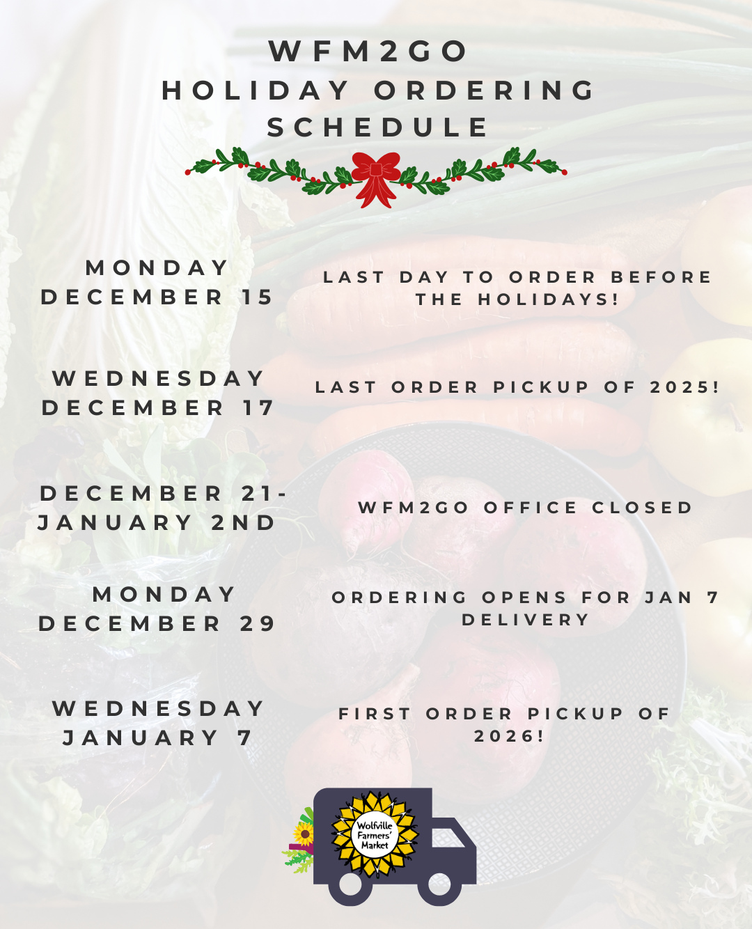 Only one week left of WFM2Go before the holidays! Make sure you're stocked up on all your holiday food favourites before 7pm on Monday Dec. 15th! â
â
#wolfvillefarmersmarket #wolfville #annapolisvalley #novascotia #farmersmarket #wfm2go #shoplocal #eatlocal #buylocal #supportlocal #freshproduce #community #letsdothis