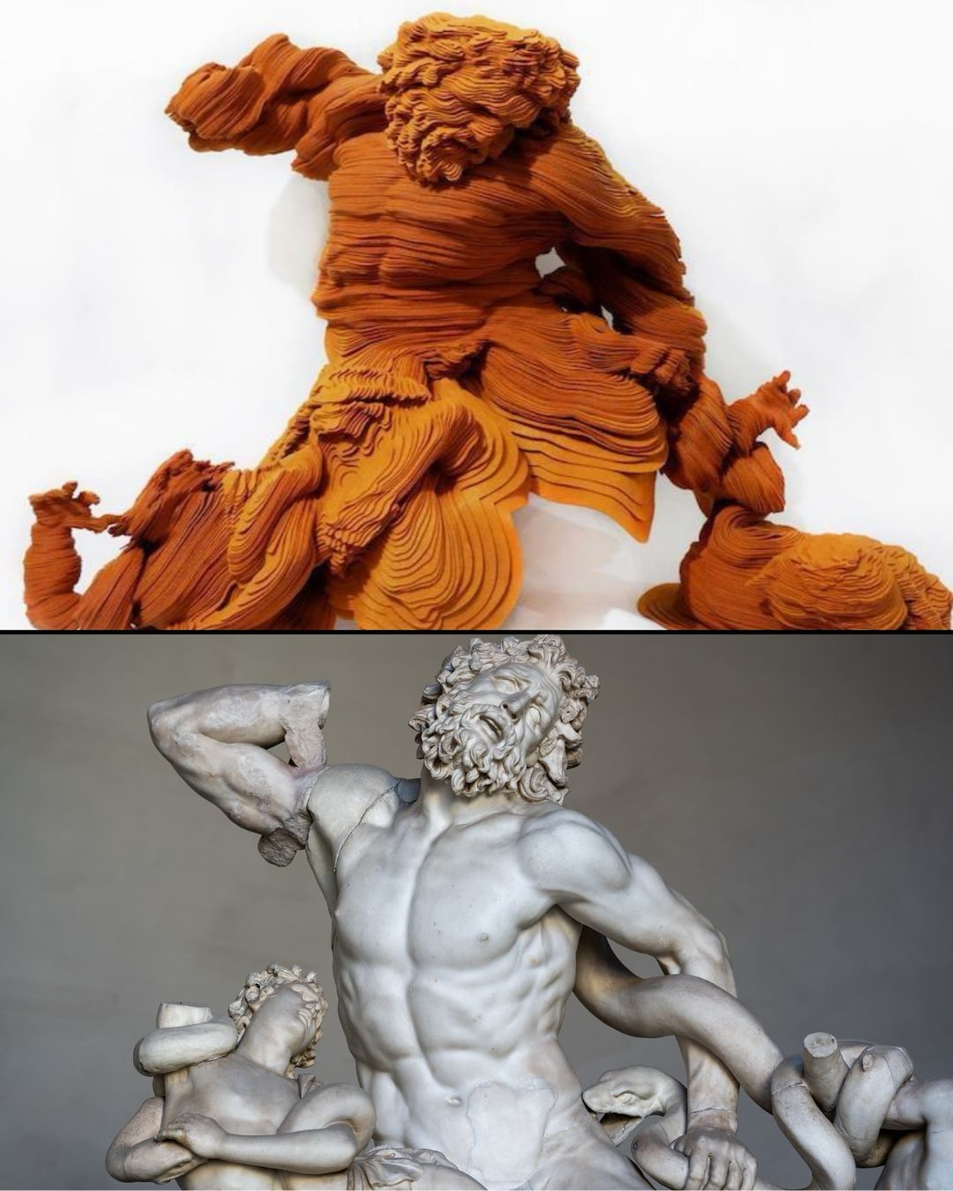 From marble to felt — from agony to metamorphosis.
The original Laocoön and His Sons, discovered in 1506 and now in the Vatican Museums, has always represented the height of classical beauty and struggle.
In his textile version, Jacobo Alonso gives this ancient scene a new body, one made of hundreds of layers of hand-stitched felt. The softness of the material reshapes the drama of marble, turning weight into movement, and pain into something almost tender.
What we love most about this piece is how it feels alive. You can almost sense the breath between the layers, the humanity returning to myth.
Want to know more about Jacobo Alonso or this work in particular? Send us a DM — we’d love to tell you more.
📷: “Laocoön and His Sons”
Laser-cut modules of polyester felt, assembled and sewn by hand.
110 × 65 × 90 cm, 2019
📷: Original “Laocoön and His Sons”
Medium: Marble
Dimensions: 208 × 163 × 112 cm (6 ft 10 in × 5 ft 4 in × 3 ft 8 in)
Location: Vatican Museums, Rome
#JacoboAlonso #SoTACollection #TextileSculpture #ContemporaryArt #Laocoön #MaterialIntermittence #ArtCollectors #ArtAdvisory