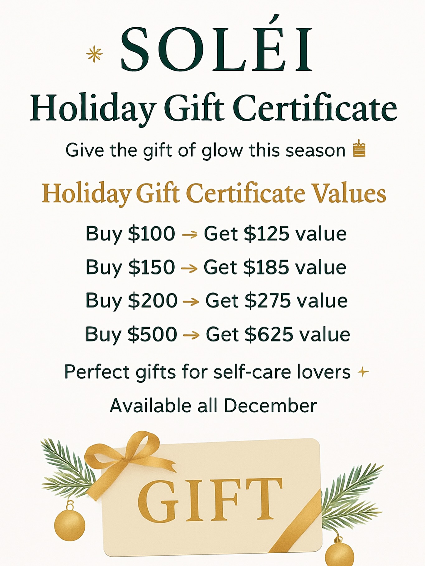 If you’re looking for the perfect gift this holiday season, let us share something from personal experience:
Everyone loves a gift that lets them slow down, breathe, and experience something just for themselves.
And what better experience than a moment of peace, healing, and self-care at SOLÉI Beauty Bar & Spa?
We’re living in a time where stress and anxiety feel like they’re everywhere. Life is busy. The world is heavy. And so often, we put ourselves last, especially us moms. But how can we show up happy and whole for our families if we’re constantly neglecting our own mental health, our bodies, and our joy?
This holiday season, let us take care of you… or someone you love. 💛
🎁 Holiday Gift Certificate Sale
For a limited time, when you purchase a gift certificate, we’re adding an extra bonus amount to your gift, our little way of giving back and saying thank you.
Give the gift of self-care.
Give the gift of peace.
Give the gift of SOLÉI. ✨
www.ilovesolei.com