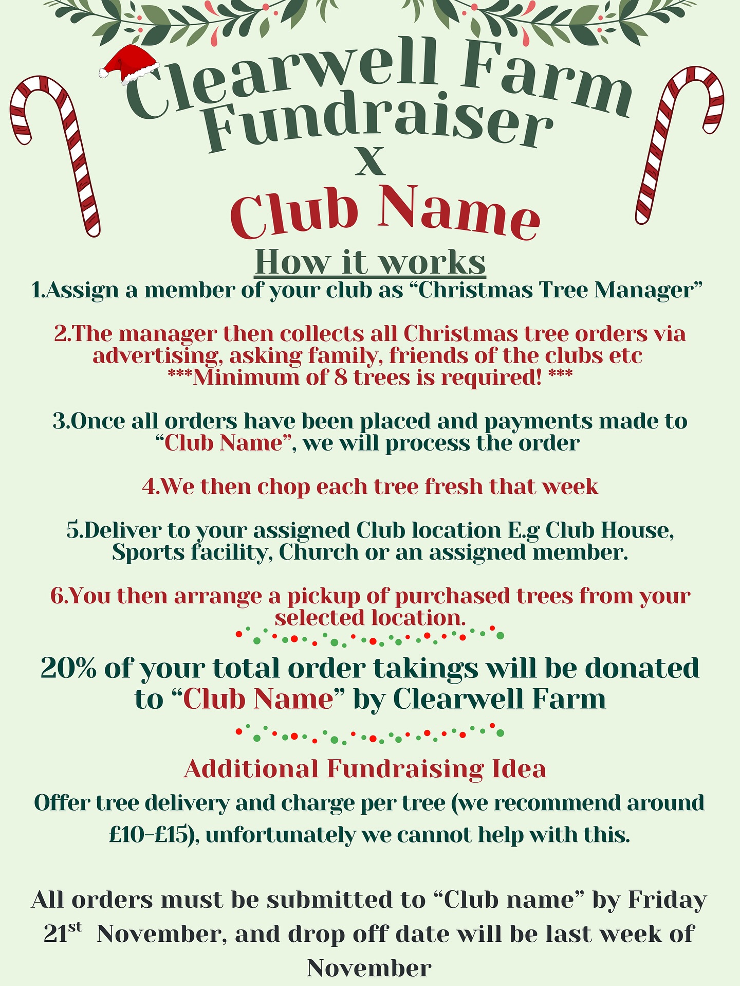 ๐ CLEARWELL FUNDRAISER ๐
CALLING ALL SCHOOLS, CLUBS, TEAMS, GROUPS, SOCIETIES & PAGES!
This year weโre launching something new โ a Christmas fundraiser thatโs super easy for any group to run! ๐
Simply order your Christmas trees through your group (minimum of 8), and weโll donate 20% of all sales back to you or your chosen charity.
Itโs a simple, festive way to raise funds and spread Christmas cheer! ๐๐
