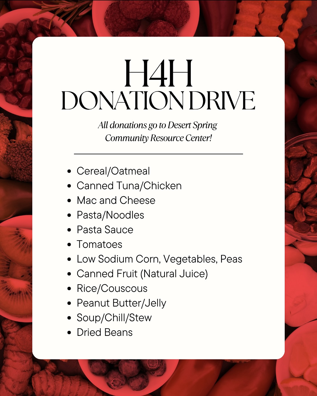 We’re hosting a food drive to support our partner, Desert Spring Community Resource Center, this holiday season! 🎁
2 items = 1 hour (maximum 5 hours)
Donations are accepted from November 13th to December 5th, see the google form on our calendar/bio for more information ❄️