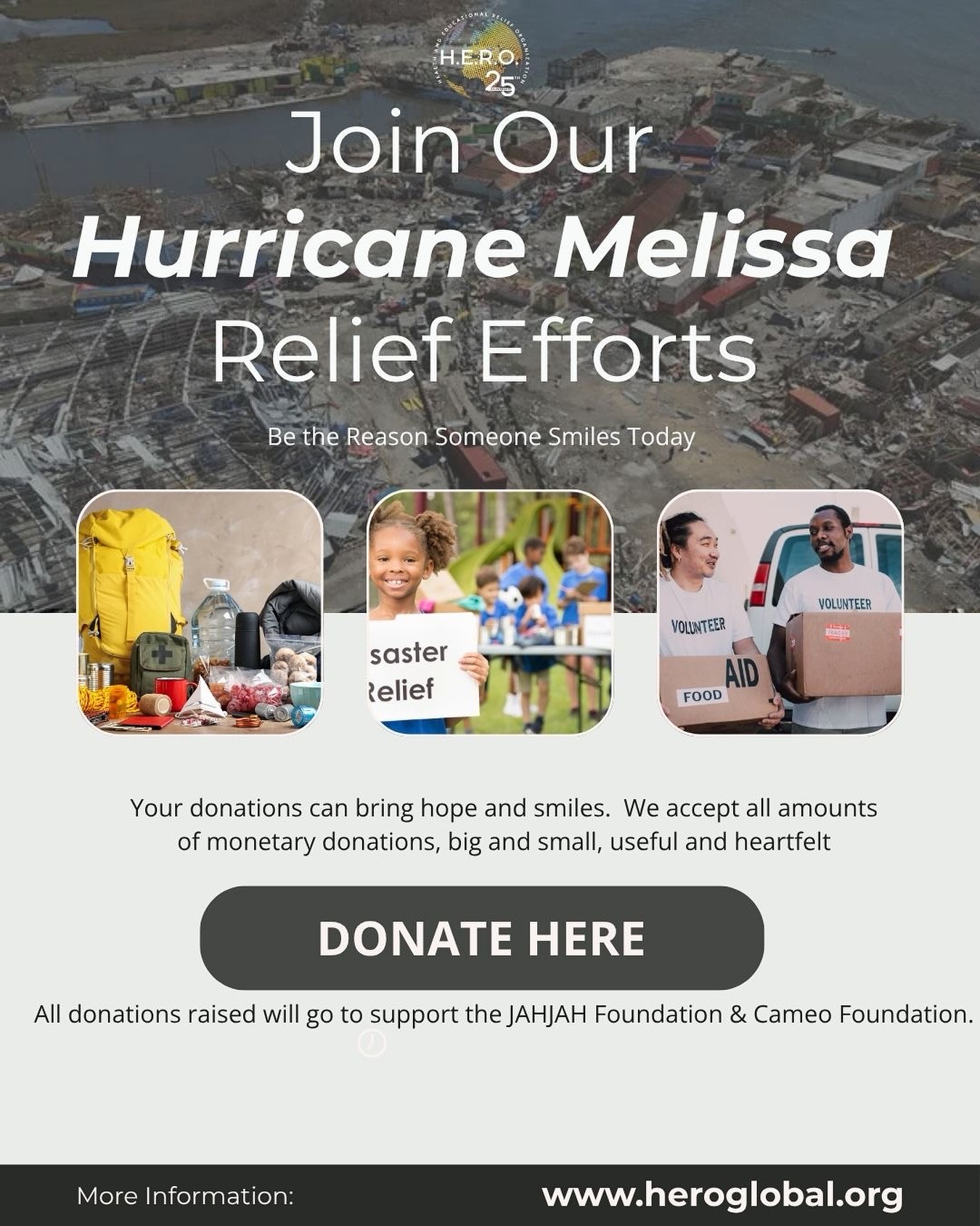 In the wake of Hurricane Melissa, HERO stands with Jamaica and Haiti.
Together with JAHJAH Foundation and Cameo Foundation, we’re delivering critical aid and care.
Every contribution helps bring healing and hope. Go to our website at www.heroglobal.org for more
🇯🇲🇭🇹
#HEROForRelief #HurricaneMelissa #Jamaica #Haiti #GlobalHealth