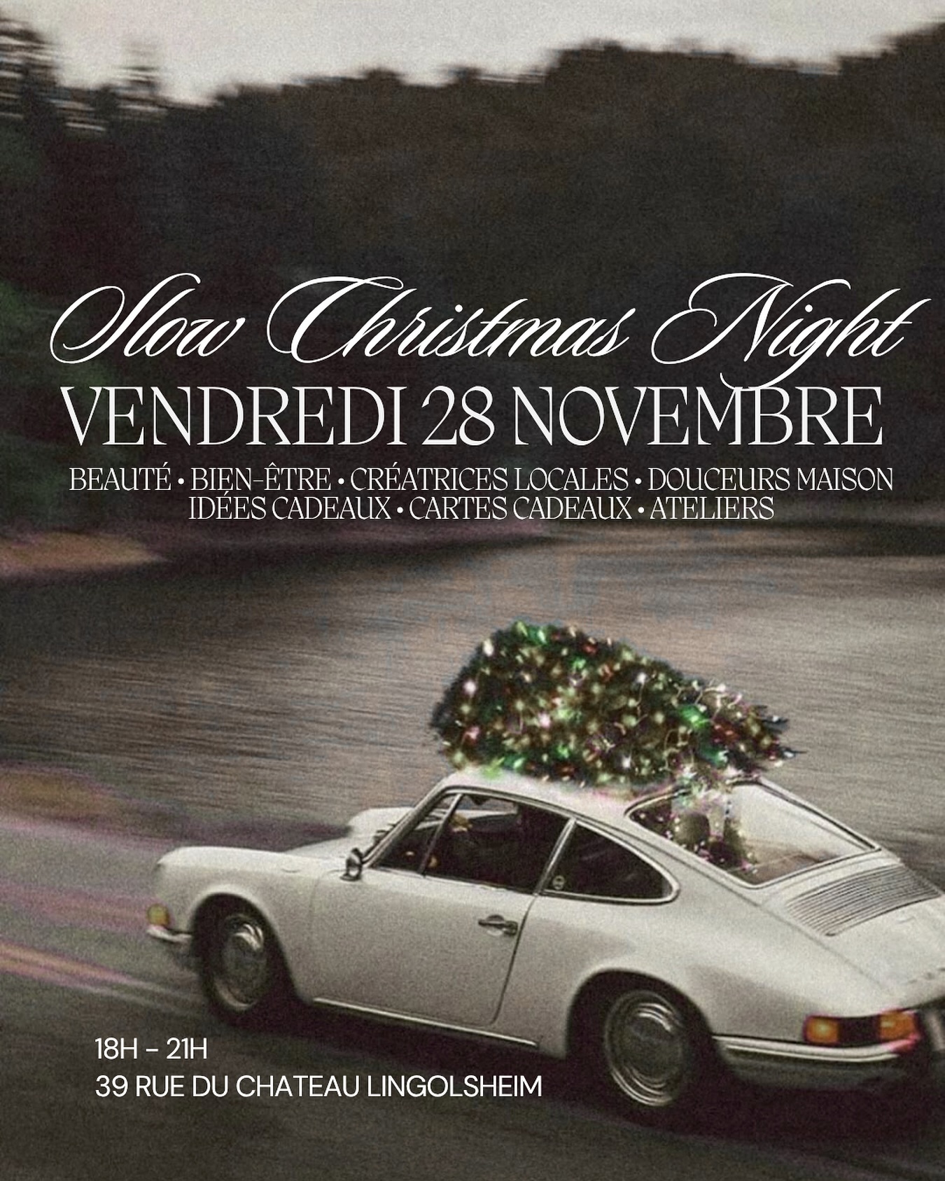 ⎜ SAVE THE DATE : Vendredi 28 novembre ⎜
Nous avons le plaisir de vous inviter à notre Slow Christmas Night ✨
📅 Quand ? Vendredi 28 novembre, de 18h à 21h
📍 Où ? A l’institut - 39 rue du Château, Lingolsheim
Plongez dans la magie de Noël dans une ambiance douce, cocooning et pleine de belles énergies 🌙
Au programme de cette soirée unique :
⎜ Des ateliers bien-être : création de bijoux, méditation, tirage de cartes, diagnostics beauté & cheveux 💆♀️
⎜ Une sélection de créatrices locales : bijoux, illustrations, parfums et plus encore 🎁
⎜ Des idées cadeaux à (s’)offrir : soins, produits, cartes cadeaux & créations slow 💫
⎜ Des douceurs maison à partager dans la chaleur d’un moment convivial 🍪✨
Venez seul(e), entre amies ou en duo, l’entrée est libre sur inscription via le lien en bio et la magie sera au rendez-vous 🌿
💌 Toute l’équipe
