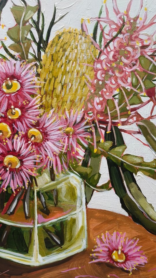 Sarah & Matt designed their own still life painting to celebrate their anniversary 💕 and here's how they did it!
They jumped on my website, selected the 30cm 'design your own still life' painting, chose all their components from the dropdown menus and went with the unframed option.
I arranged their selection of pink gum blossom, yellow banksia & pink grevillea in a green glass on a white background. And then in a few weeks - it was finished!
I'm so honoured they commissioned me to celebrate their anniversary (such a perfect way to celebrate in my biased opinion).
You can also design your own painting too! It's always available on my website - my aim is that it takes the guess work and confusion out of custom artwork for you ✨