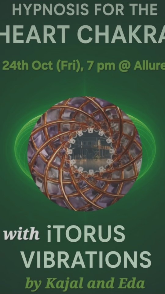 Step into a deep Hypnosis journey for the Heart Chakra, where Guided Hypnosis, HeartMath techniques, and soulful Bhajans release old emotions.
The iTorus device, based on sacred geometry and pulsed electromagnetic fields, creates a toroidal vibration that harmonizes the body’s energy and amplifies the heart’s frequency. As this field surrounds and flows through you, the heart begins to expand and vibrate in balance.
Feel old barriers melt away, reconnect with innocence, and open to give and receive love freely in the relationships, radiating peace, joy, and an inner glow.