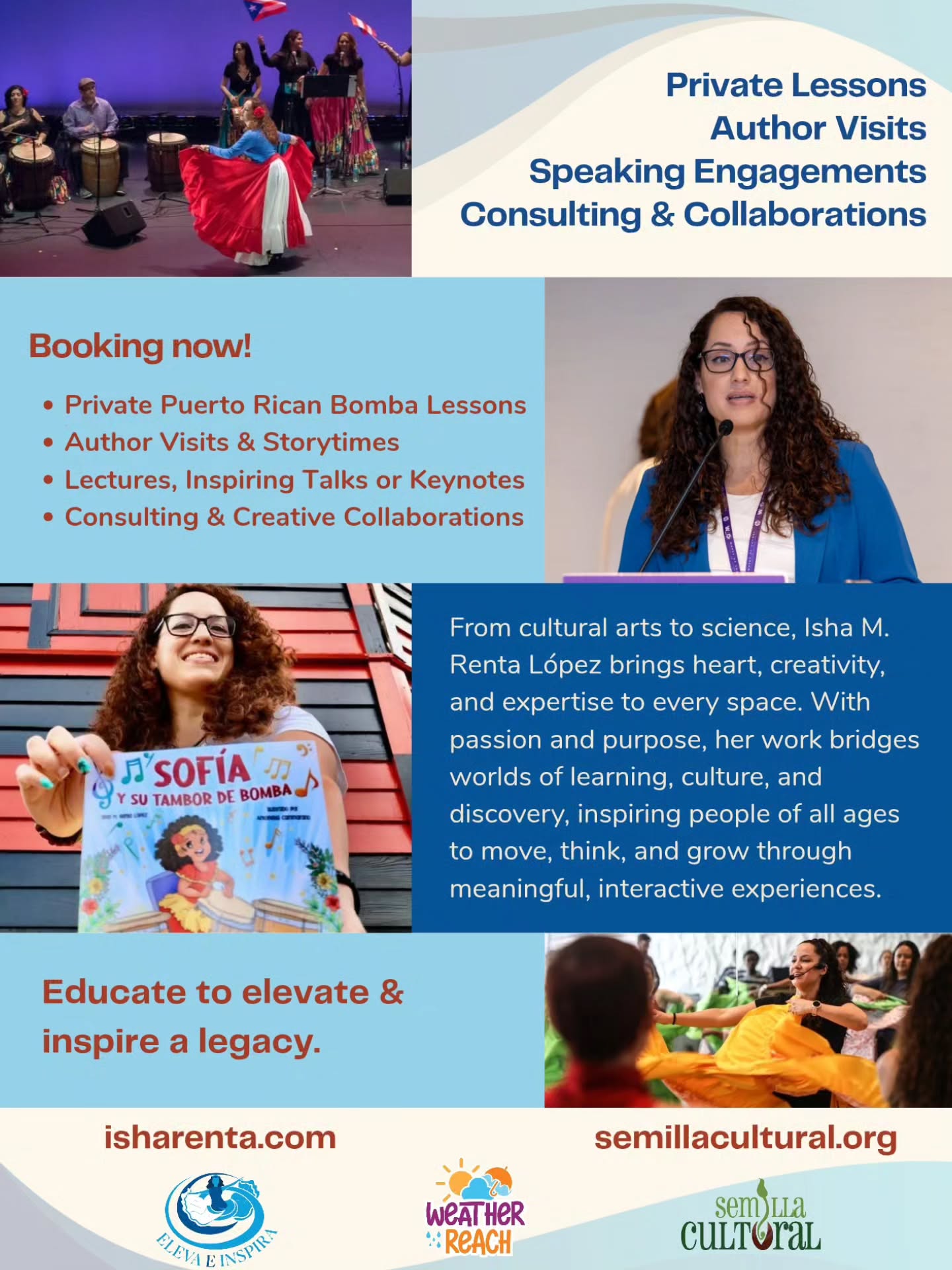 Eleva e Inspira: a space to learn, connect, and grow through culture, science, and community.
From the rhythm of Bomba to the wonders of STEM, I’m honored to share knowledge that uplifts hearts and minds, creating bridges between art, culture, and science. As I navigate uncertainty, I am open new opportunities for private Bomba lessons, author visits, inspiring talks, and consulting or collaborations, my goal remains the same: to educate, elevate, and inspire through passion and purpose. To learn more about me, you can visit my website isharenta.com
For ongoing community Bomba programs, visit semillacultural.org where we continue nurturing our traditions through classes and events across the DMV 💃🏽🪘
📍 Washington DC, Maryland & Virginia | Virtual options available
#ElevaEInspira #RepresentationMatters #BombaPuertorriqueña #WomenInSTEM #AfroBoricuaCulture #Community #Education #STEMAndCulture #SemillaCultural
--
Eleva e Inspira: un espacio para aprender, conectar y crecer a través de la cultura, la ciencia y la comunidad.
Desde el ritmo de la Bomba hasta las maravillas de la ciencia, la tecnología, la ingeniería y las matemáticas (STEM), me honra compartir conocimientos que inspiran y enriquecen, creando puentes entre el arte, la cultura y la ciencia. En estos tiempos de incertidumbre, estoy abierta a nuevas oportunidades para impartir clases privadas de Bomba, hacer visitas de autora, ofrecer charlas inspiradoras y participar en consultorías o colaboraciones. Mi objetivo sigue siendo el mismo: educar, elevar e inspirar a través de la pasión y el propósito. Para saber más sobre mí, visita mi sitio web isharenta.com.
Para conocer los programas comunitarios de Bomba, visita semillacultural.org donde seguimos promoviendo nuestras tradiciones a través de clases y eventos en toda la región del DMV. 💃🏽🪘
📍 Washington DC, Maryland & Virginia | Opción Virtual disponible
Logo: @colibri.montuno