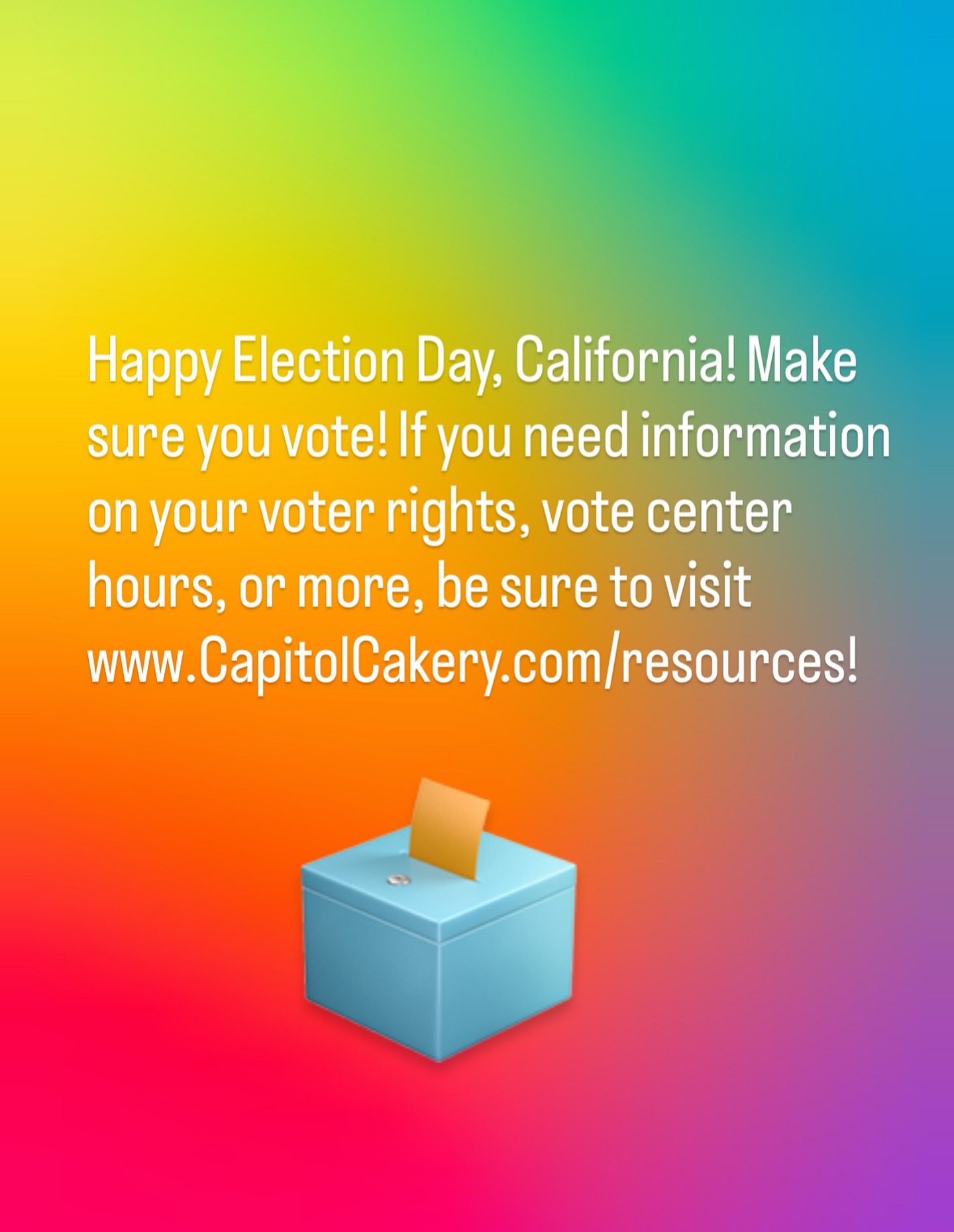 Today is Election Day in California! The only item on the ballot is Proposition 50, a move to temporarily suspend the Independent Citizens’ Redistricting Commission to allow legislators to redraw congressional lines. A yes vote indicates support for the measure passing while a no vote indicates opposition to the measure passing. However you vote, be sure to make your voice heard!
If you need information on voting hours, how to submit your ballot, etc, be sure to head to the resources page on my website. Website link is in my bio. Feel free to also drop any questions in the comments or DM me!
•
•
•
•
•
#Baking #HomeBaker #HomeBakery #CottageBaker #Vote #PoliticsAndBaking #Advocacy #Government #YourVoiceYourVote #MakeYourVoiceHeard #Election #ElectionDay #CapitolCakery