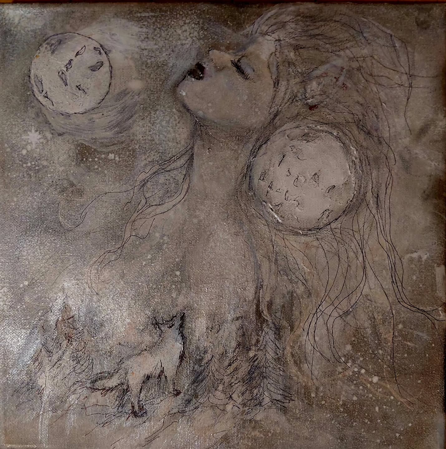 "In Between Days" Charcoal, oil, ink, mica spray, acrylic on 12x12 convas. $50 and packaging/shipping cost. I'm dropping her off elsewhere tomorrow the price goes up, so if you need some original "customized van art" genre (?)wicked cheap, let me know and I willl set it aside. #bargainbin #drafts #weregirl #mixedmedia #1970sart #pinup #wolfgirl #fullmoonfever🌕