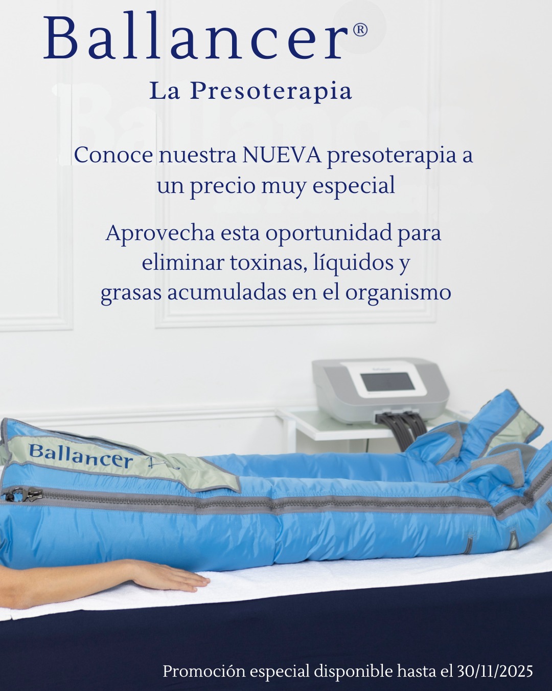 ▶ Descubre nuestra nueva presoterapia Ballancer Pro ◀
La más avanzada del mercado, diseñada para estimular el sistema linfático, mejorar la circulación y eliminar toxinas, líquidos y grasas acumuladas.
Ideal para moldear, drenar y revitalizar tu cuerpo desde la primera sesión 💆♀️
💠 Promoción de lanzamiento 💠
Durante todo noviembre, disfruta de tu bono de 10 sesiones por solo 250€ (¡ahorra 100€!🔥)
🕒 Sesiones de 45 minutos
✨ Aprovecha esta oportunidad para sentirte más ligera, firme y renovada.
*Solo disponible hasta el 30/11/2025
*El bono tiene una vigencia de 3 meses desde la fecha de compra
#presoterapiaballancerpro
#BallancerPro
#PresoterapiaAlella
#CentroDeEsteticaAlella
#DrenajeLinfatico
#BellezaCorporal
#BienestarYSalud
#CuidadoCorporal
#DepuracionDelCuerpo
#EsteticaAvanzada