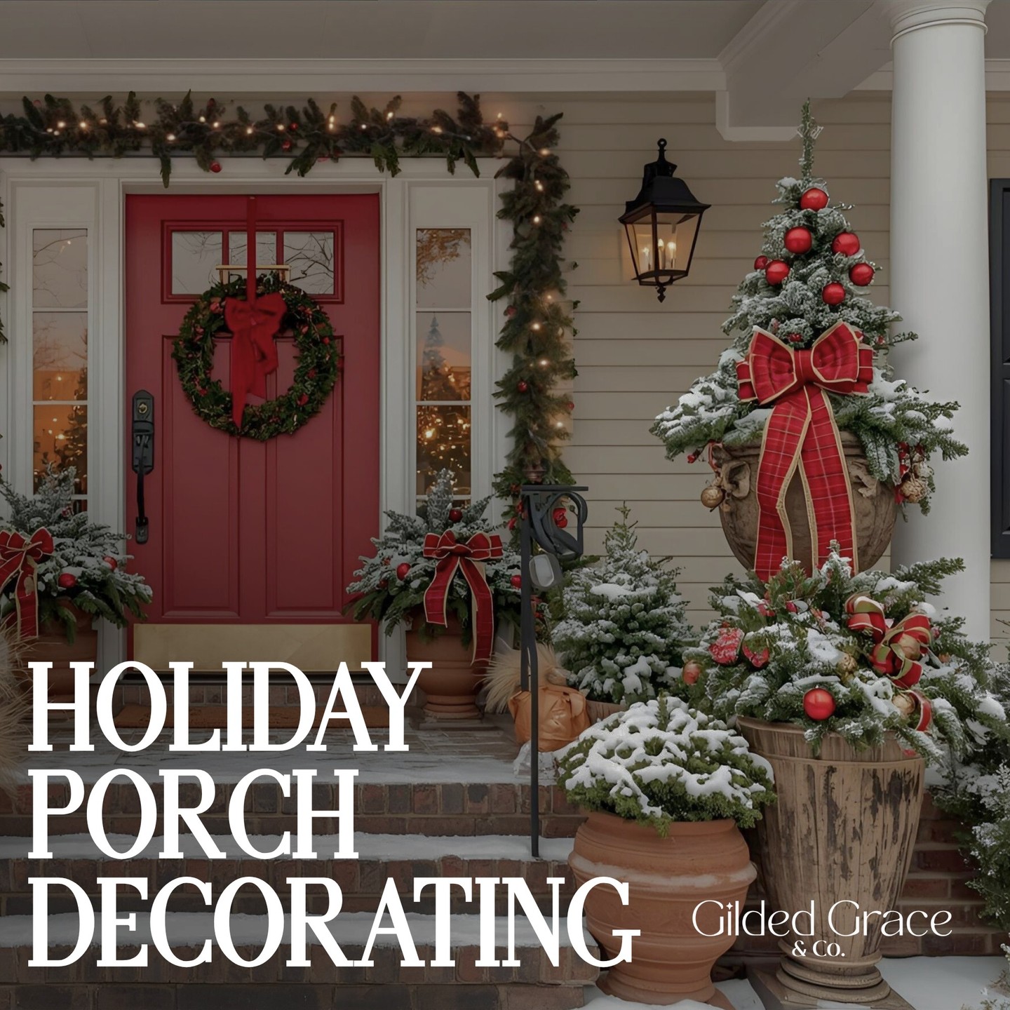Holiday magic, minus the mess! Custom porch pots, garlands, and wreaths — designed, delivered, and installed for you. Contact us for quotes and more information.