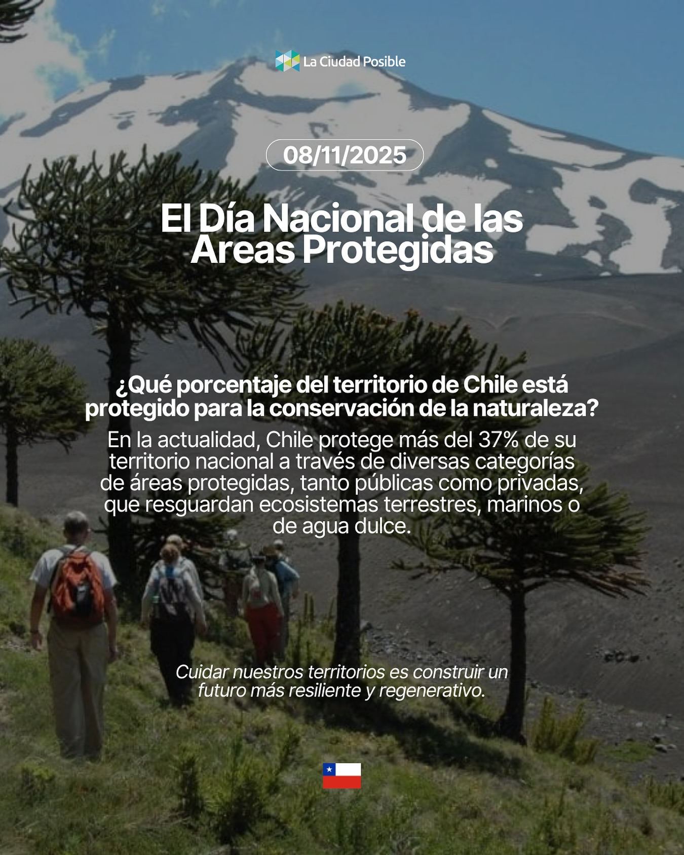 Hoy conmemoramos el Día Nacional de las Áreas Protegidas, una fecha que nos invita a valorar y cuidar los espacios que resguardan nuestra biodiversidad, identidad y bienestar. 🌱
Actualmente, más del 37% del territorio chileno se encuentra bajo alguna categoría de protección, reflejando el compromiso del país con la conservación de su patrimonio natural y cultural. 💪🏼
Desde La Ciudad Posible creemos que proteger estas áreas es también avanzar hacia un futuro más justo, sostenible y regenerativo. 🌎
#DíaNacionaldelasÁreasProtegidas #NaturalezaChile #RegeneraciónTerritorial