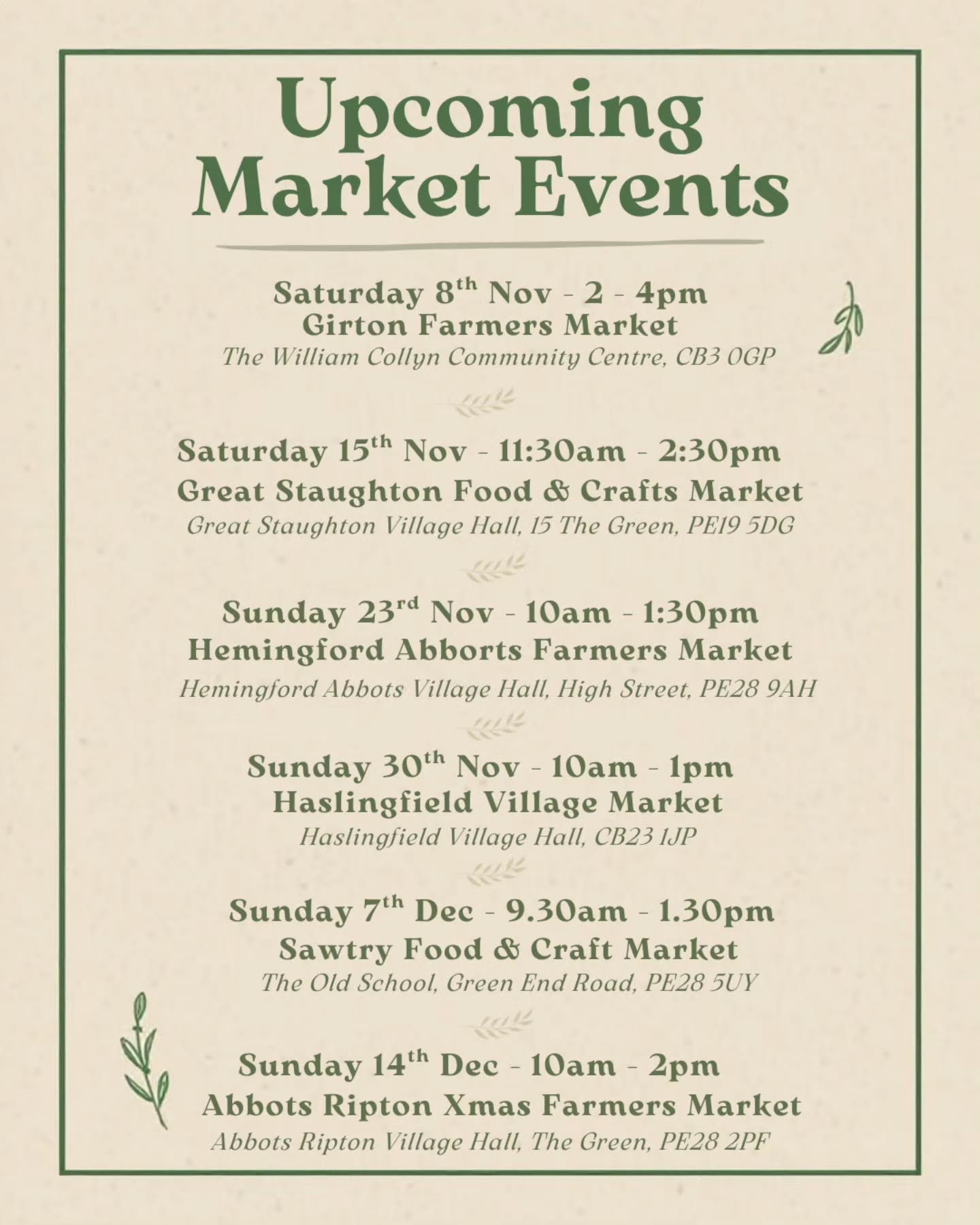 ๐Upcoming Farmers Markets๐
Weโre popping up at local markets with a full spread of our pasture-raised chicken, from whole birds to juicy cuts and flavour-packed extras. Come say hi, stock up, and taste the difference that fresh pasture makes.
โจ Heads up: In the next day or two, youโll be able to pre-order online and collect your order at the market.
๐ Watch this space!
Which one are you coming to? Let us know below โฌ๏ธ
#CastorsPastures #pasturedpoultry #pasturedchicken #pastureraisedpoultry #farmersmarketuk #christmasmarketuk #shoplocal #supportlocalfarms