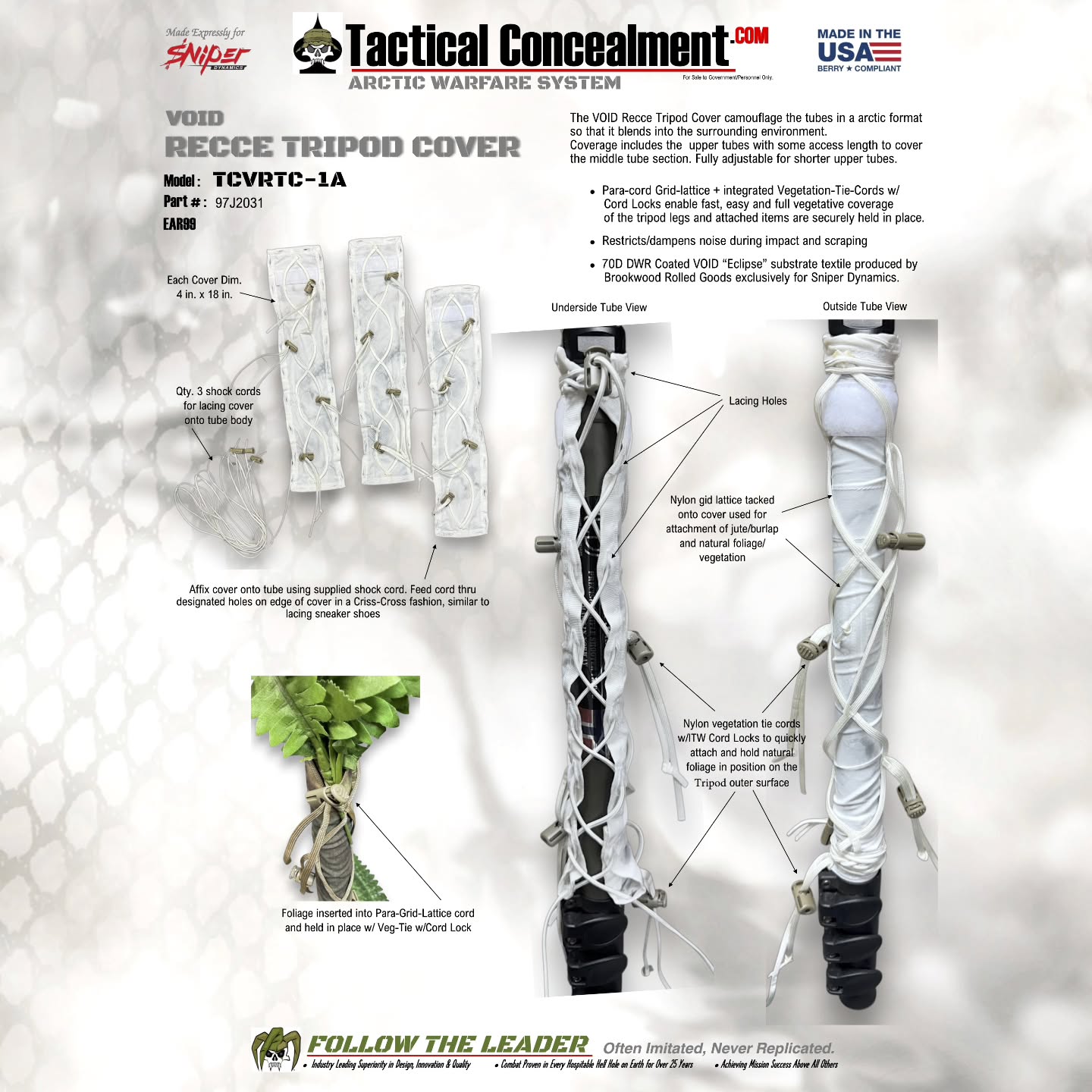 ***StalkLand Tactical Concealment Tripod Covers***
Newly developed, our Tripod Covers provide an effective solution for breaking up the definitive target indicating "Hard Lines" generally present when using a tripod in the field.
Available in both our StalkLand Legacy General Purpose and VOID Arctic Warfare patterns. With each pattern available in Standard and Recce variations.
Standard Tripod Covers feature:
+ User Adjustable leg coverage length up to 18"
+ Tight-to-tripod-leg fitment, using "button slot" lacing holes & Shock Cord.
Additionally, our Recce Tripod Covers feature:
+ "Ghillie Hood" style Bar-tacked 550 cord "X' grid for the attachment of jute.
+ Cord-Loc & 550 cord Natural Veg QD Points throughout.
@tacticalconcealment @brookwoodcompanies @mmitextiles