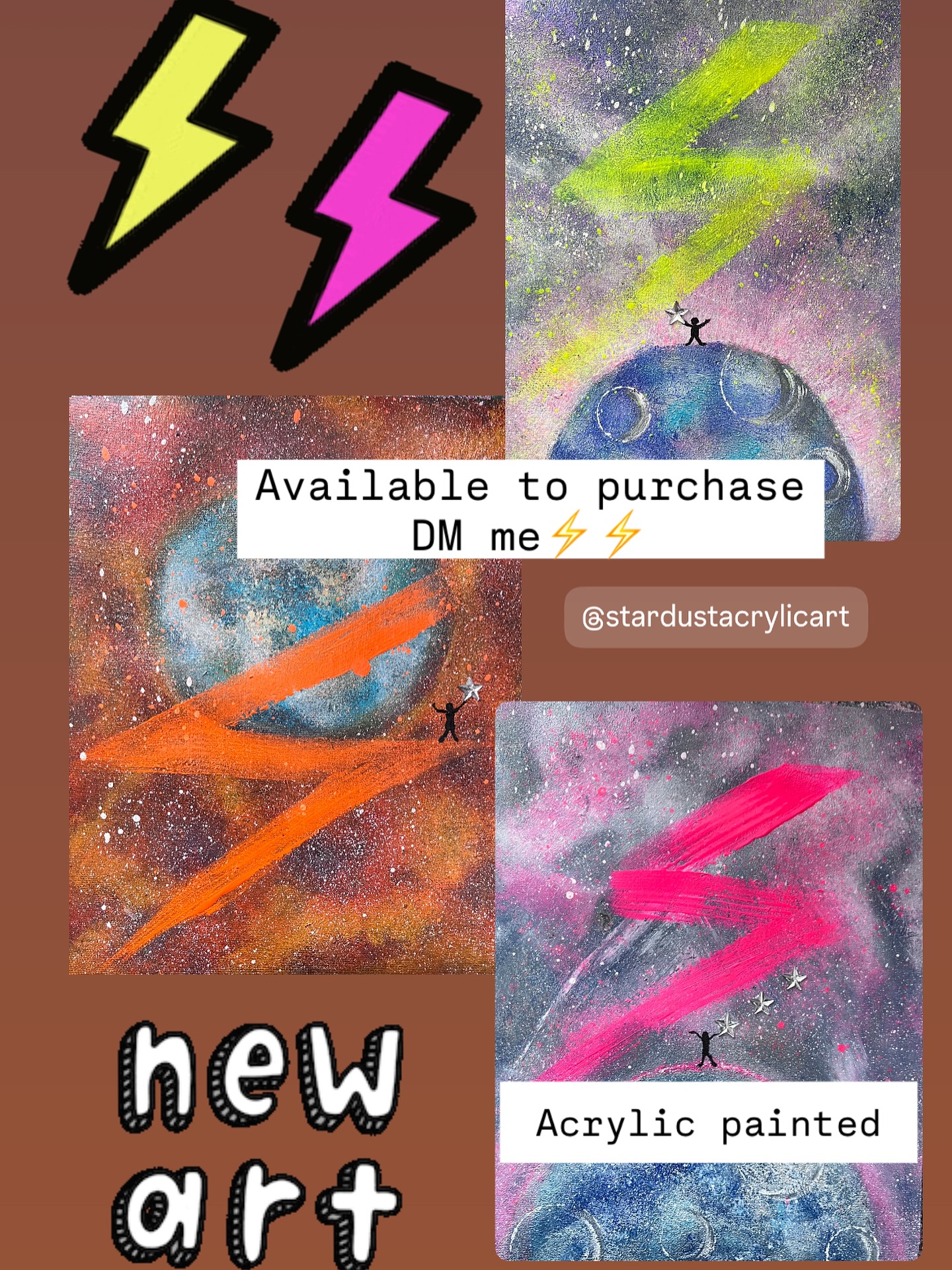 These 3 artworks each with a neon flash accompanied me to the latest exhibition in Liverpool but unfortunately they have come back home with me, so, if you think that they would look good on your wall and would like to know more about them, please drop me a message…let’s find a home for these statement pieces! ⚡️⚡️⚡️
#stardustacrylicart #acrylicpainting #lighteningbolt #thunderboltart #neonpaint #neonart #artforsale