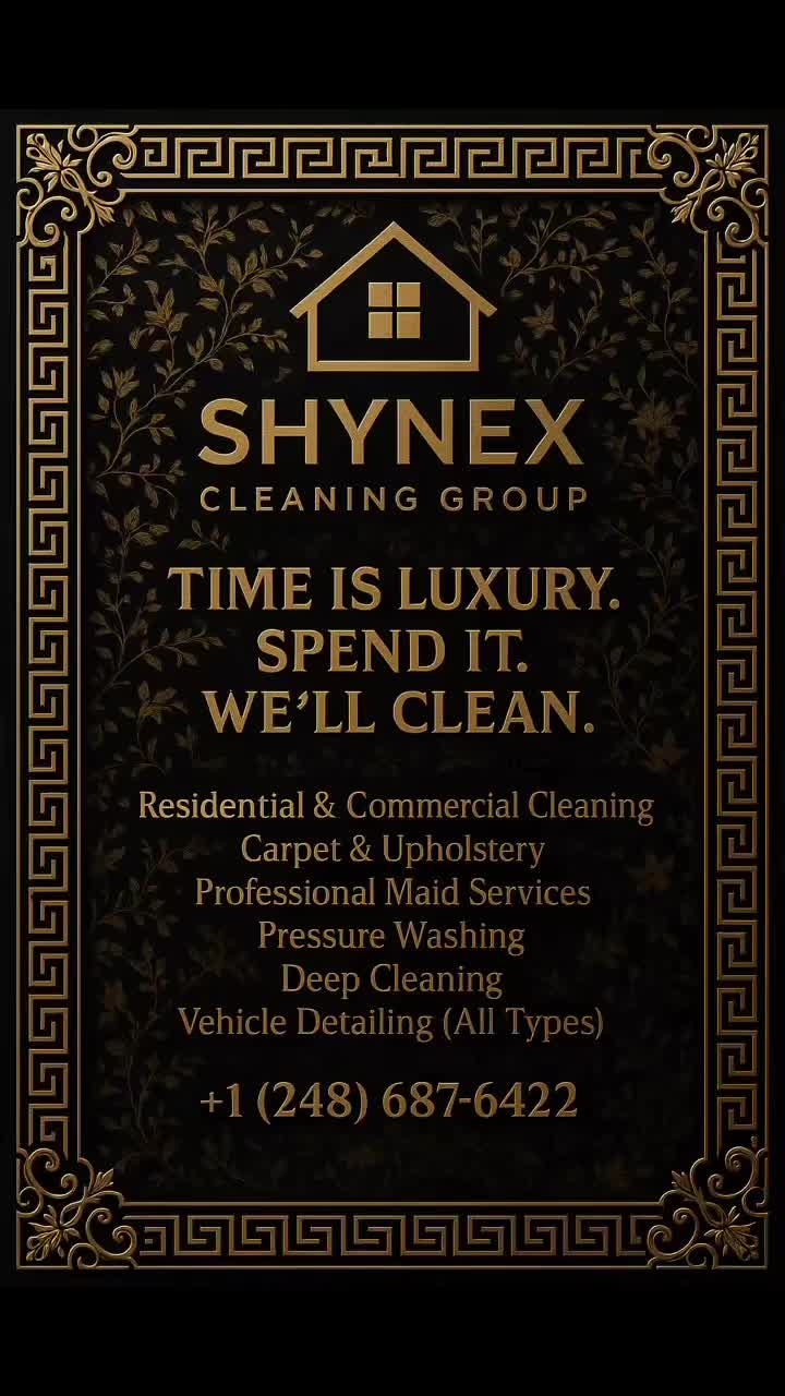 TIME IS LUXURY. SPEND IT. WE’LL CLEAN. Homes, businesses & vehicles—flawless finish. DM or call +1 (248) 687-6422. #Shynex #luxurycleaning #metrodetroit