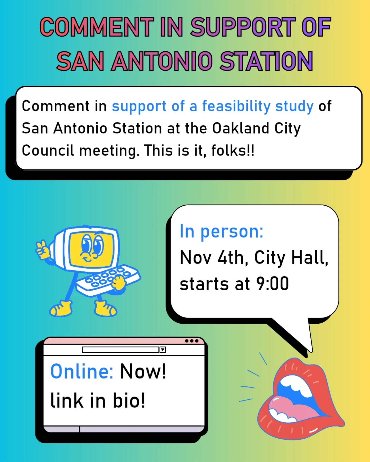 This is it, folks! Please comment in support of a feasibility study for San Antonio Station by 11/3! The resolution sponsored by @charleneforoakland goes to City Council 11/4. Show Oakland that we have a way to grow! San Antonio Station and related transit oriented development could be a game changer for our community. Thanks to everyone who made our advocacy what it is. From a busy election season to the neighborhood walking tour, we made our voices heard, and it worked!
#oaklandtransit #infillBART #transitorienteddevelopment #sanantoniostation #EastOaklandBART
