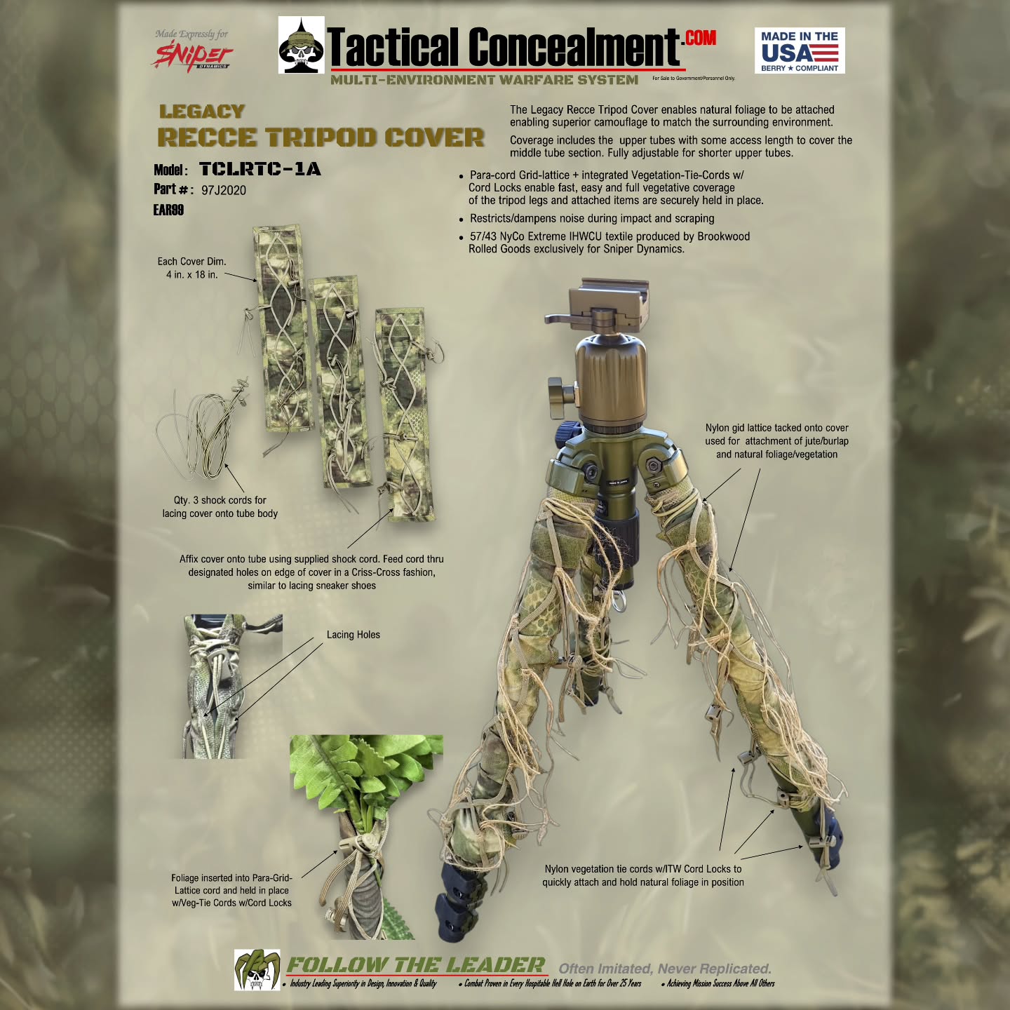 ***New Product Release***
Legacy Recce Tripod Cover
Designed to assist in breaking up the "hard lines" of tripod legs, the Recce Tripod Cover is constructed out of our quiet 57/43 StalkLand Legacy NyCo and features:
+ "Ghillie Hood" style Bar-tacked 550 cord "X' grid for the attachment of jute.
+ Cord-Loc & 550 cord Natural Veg QD Points throughout.
+ User Adjustable leg coverage length up to 18"
+ Tight-to-tripod-leg fitment, using "button slot" lacing holes & Shock Cord.
@tacticalconcealment @brookwoodcompanies @mmitextiles