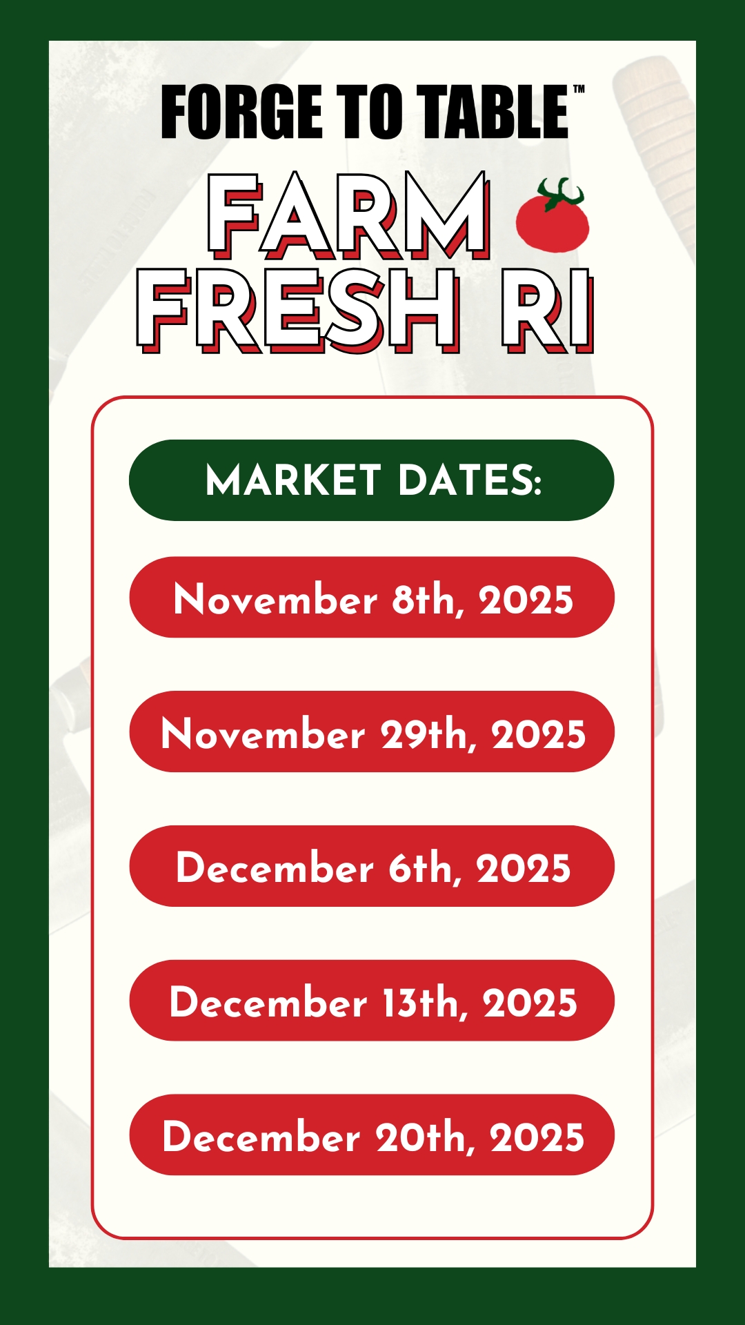 Hey New England, we’re popping up at Farm Fresh Rhode Island in Providence and you won’t want to miss it! Explore our handcrafted knives, aprons, and sharpening systems—perfect for cooking, gifting, or upgrading your kitchen before the holidays.
Market dates:
• November 8, 2025
• November 29, 2025
• December 6, 2025
• December 13, 2025
• December 20, 2025
See you there!
10 Sims Ave, Unit 103, Providence, RI 02909