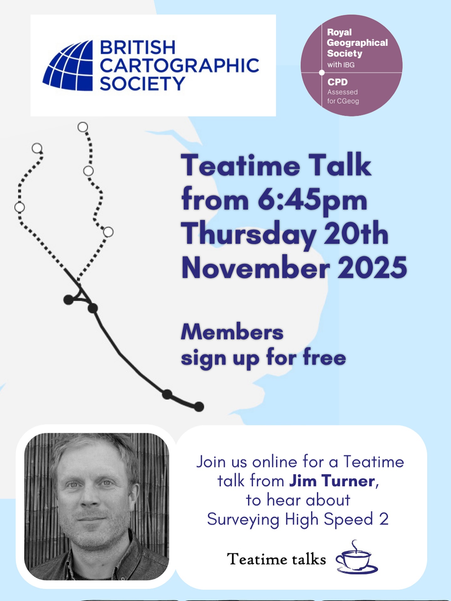 Book now for Novembers online Teatime Talk for members titled “Surveying High Speed 2”
Jim Turner is Lead Survey Control Engineer at High Speed 2 Ltd, and is responsible for the topographic and engineering survey standards and requirements for the project.
Date: 20 November 2025
Time: 7 PM GMT (start logging in from 6:45)
Please see your members email to sign up via Eventbrite, or go to our website to join as a member and get access - see link in bio or https://www.cartography.org.uk/teatime-talks
