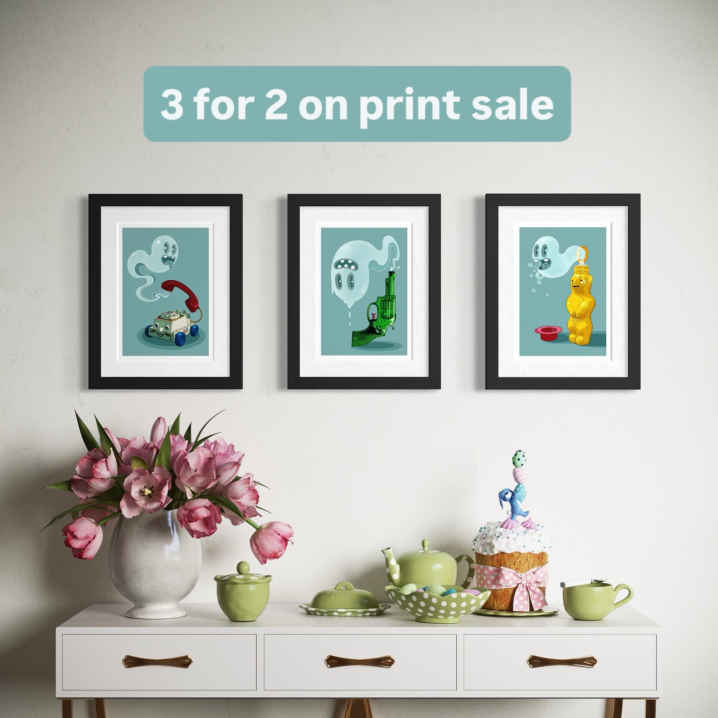 👻 🍬 This is my set of small prints. Fun artwork at a sweet price. It’s £40 for one of these limited edition signed and numbered prints. Or you can have the whole set for £80. You can keep your favourite and give two away as gifts. They look great together and are A4 in size so they can be framed easily too. Win win🎄 🎅 ❤️ #christmasgiftidea #printsforyourhome #interiorwallart #popartstyle