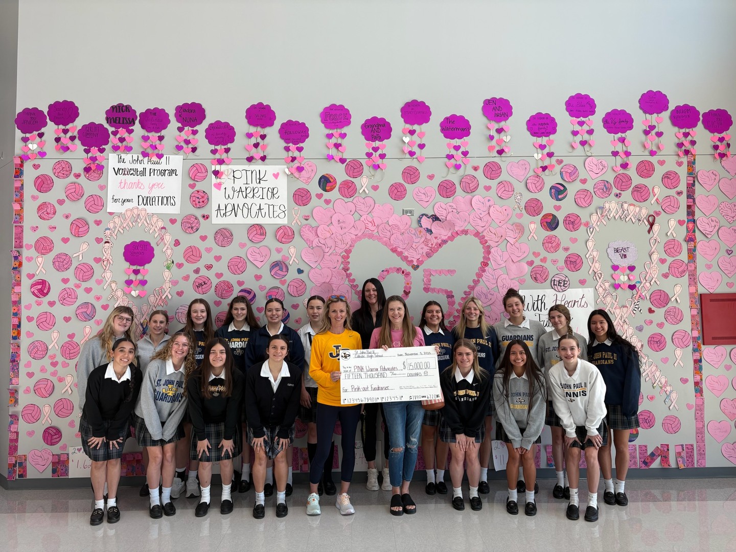 A huge thank you to the students, staff, parents, and everyone who donated at St. John Paul II Catholic High School! Together, they raised an incredible $15,000 during #Flocktober for Pink Warrior Advocates and continue to exceed their goals year after year.
A special shout out to the volleyball team for their fun annual JV vs. Varsity competition to see who can raise the most. We are so grateful for their dedication, compassion, and unwavering support for our local breast cancer warriors. 💗